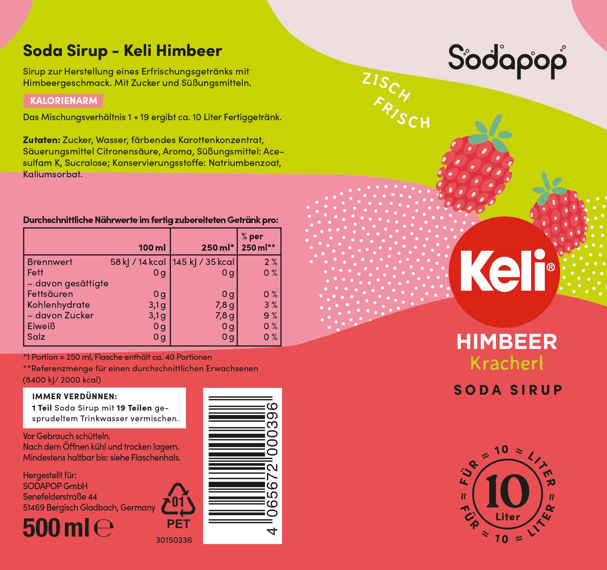 Sodapop Sciroppo Keli lampone, 500 ml, per fino a 10 litri di bevanda pronta, a basso contenuto calorico, fruttato
