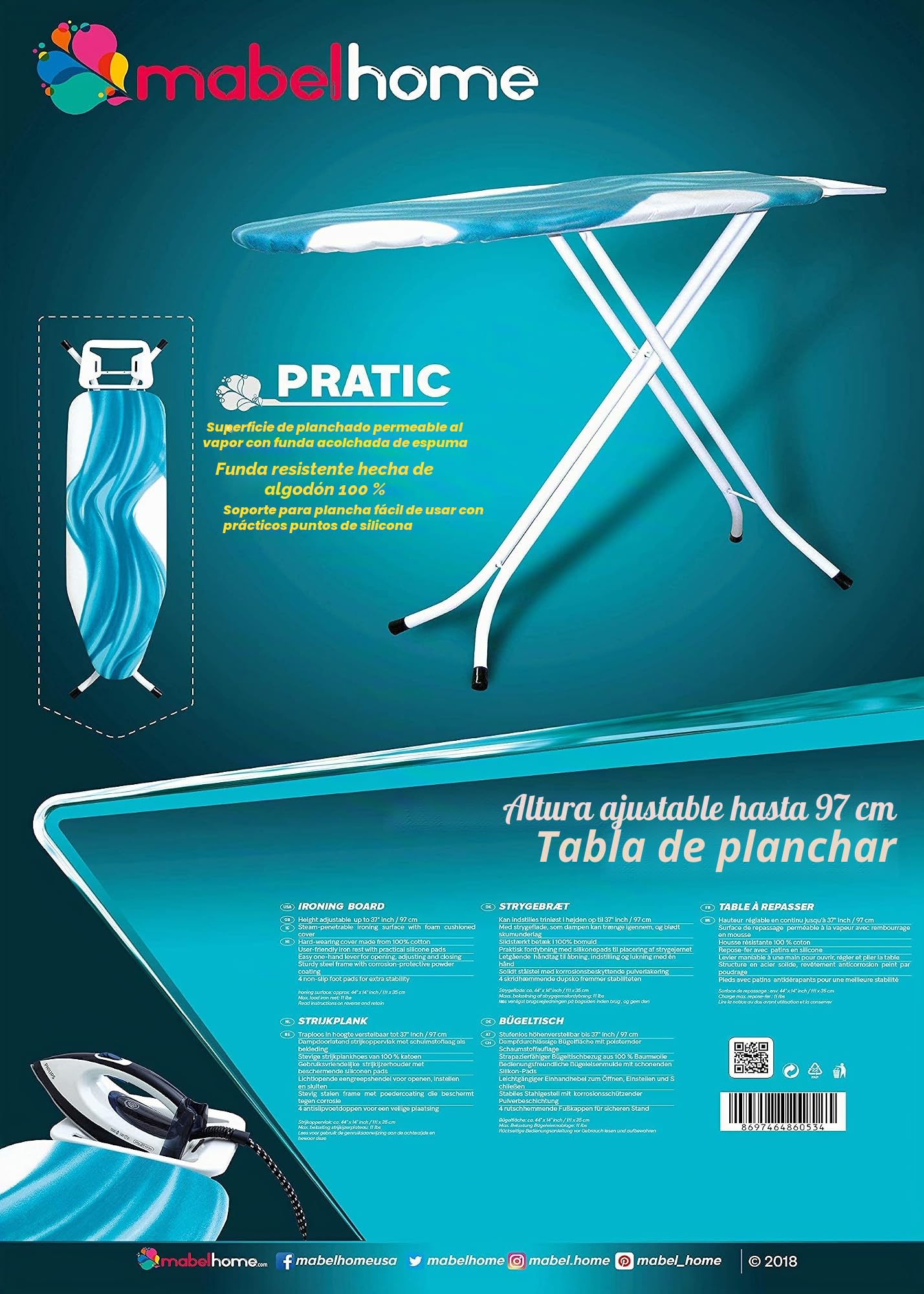 Mabel Home Altura Ajustable, Deluxe, 4 Patas, Tabla de Planchar, Cubierta Extra, Estampado Azul/Blanco
