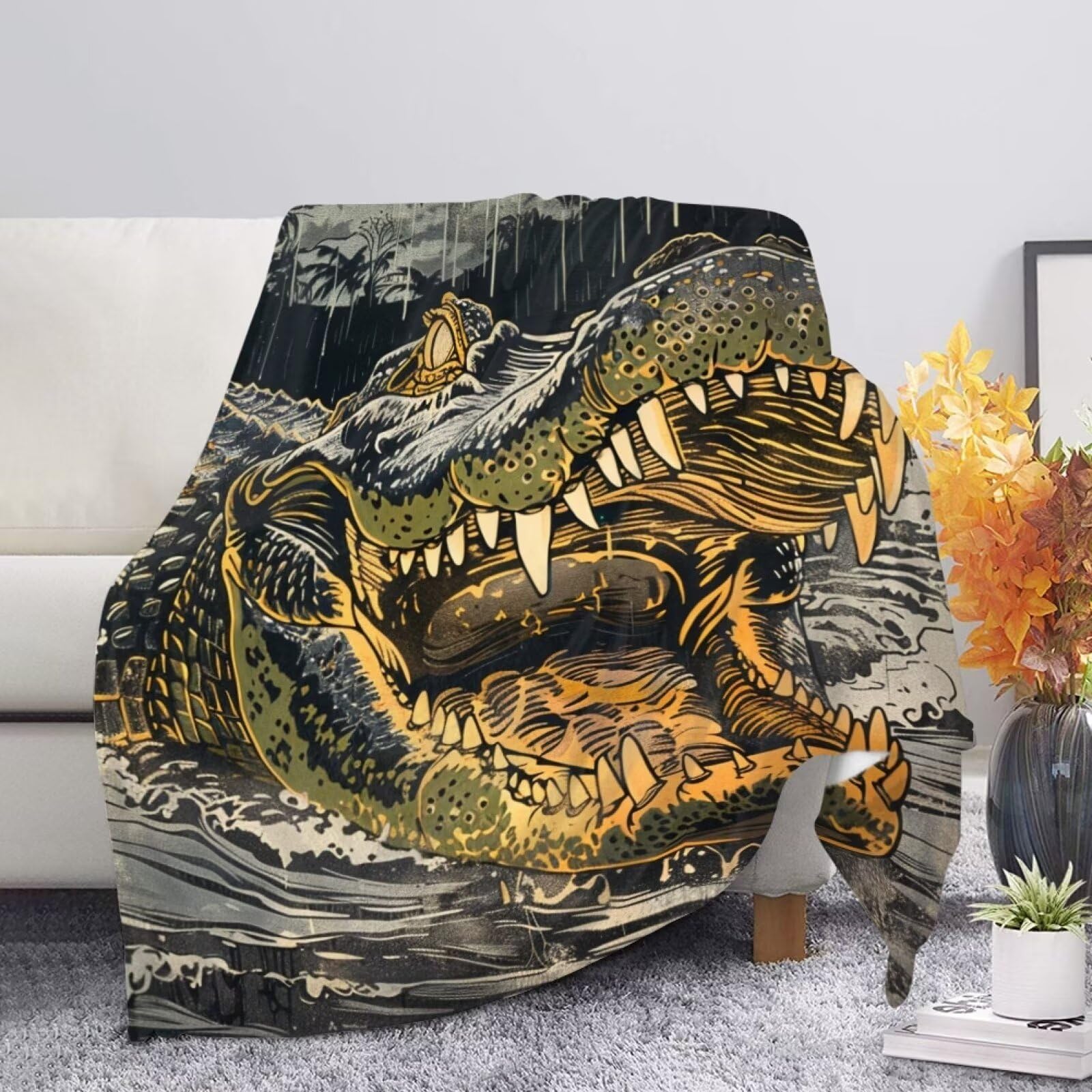 Majestic Alligator Throw Blanket for Couch Bed Cozy Black Soft Blankets for Women Spring Winter Fall Sofa Blanket Home Decor