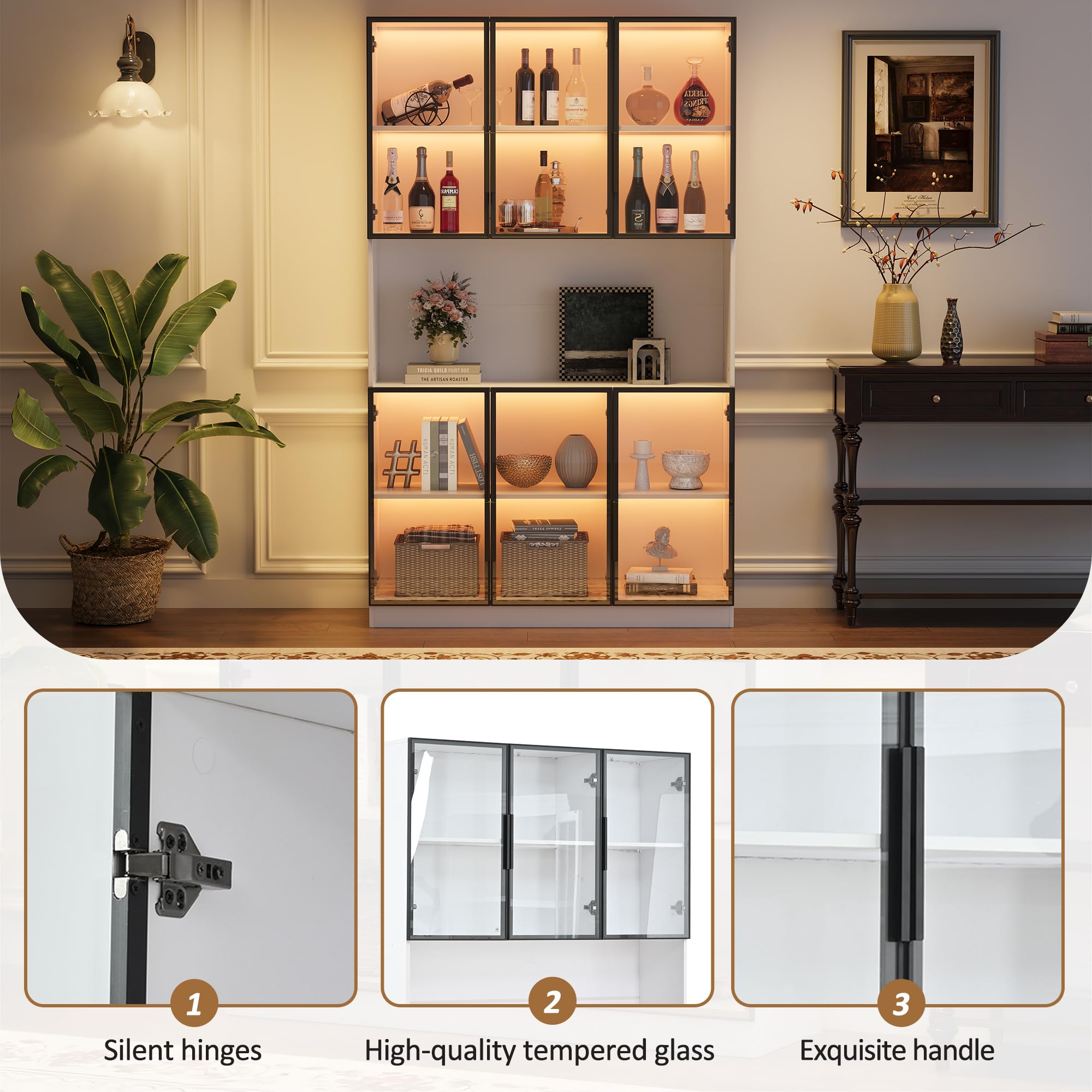 Vitrina de 120 x 34 x 200 cm, vitrina de pie con 6 puertas, zona de almacenamiento libre, armario alto, vitrina de cristal con LED, armario de salón de 120 cm de ancho, armario multifunción