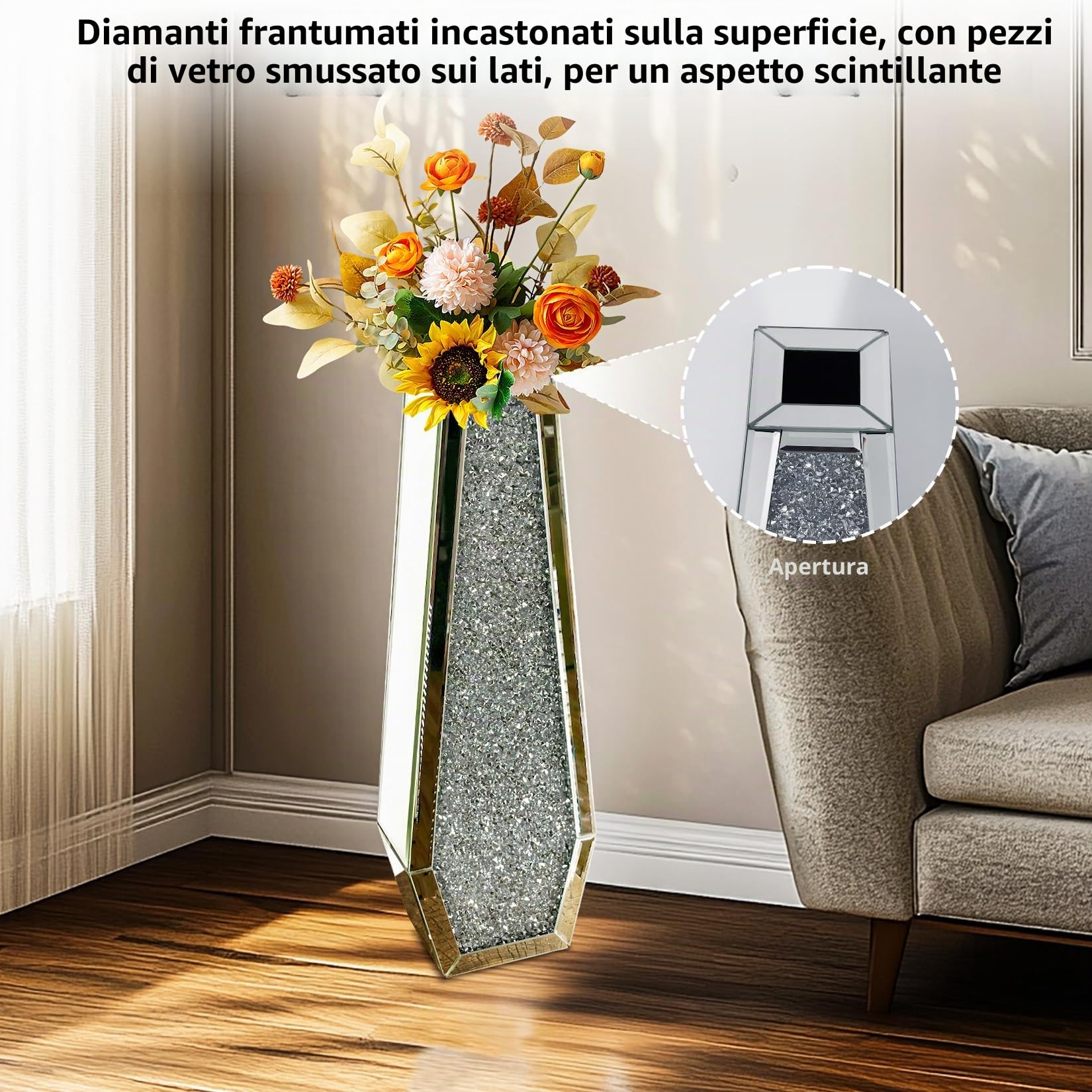 Vaso Vetro Diamanti Alto 70cm: Vaso Decorativo da interno Grande a Specchio fiori Cristallo Argento Stretto e Lungo da Terra Moderno Design Decorazione casa