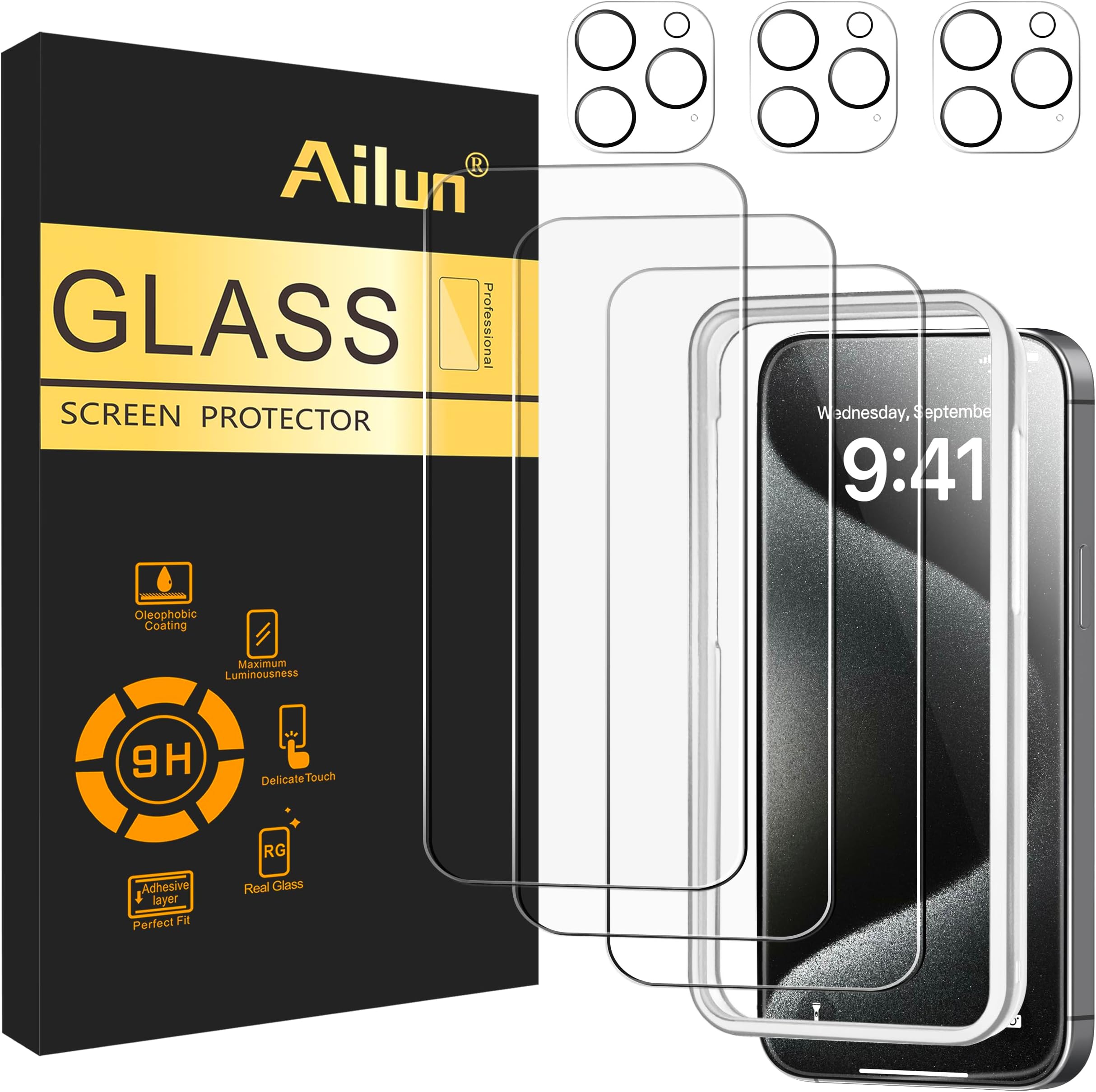 Ailun 3 Pack Screen Protector for iPhone 15 Pro Max [6.7 inch] + 3 Pack Camera Lens Protector with Installation Frame,Sensor Protection,Dynamic Island Compatible,Case Friendly Tempered Glass Film