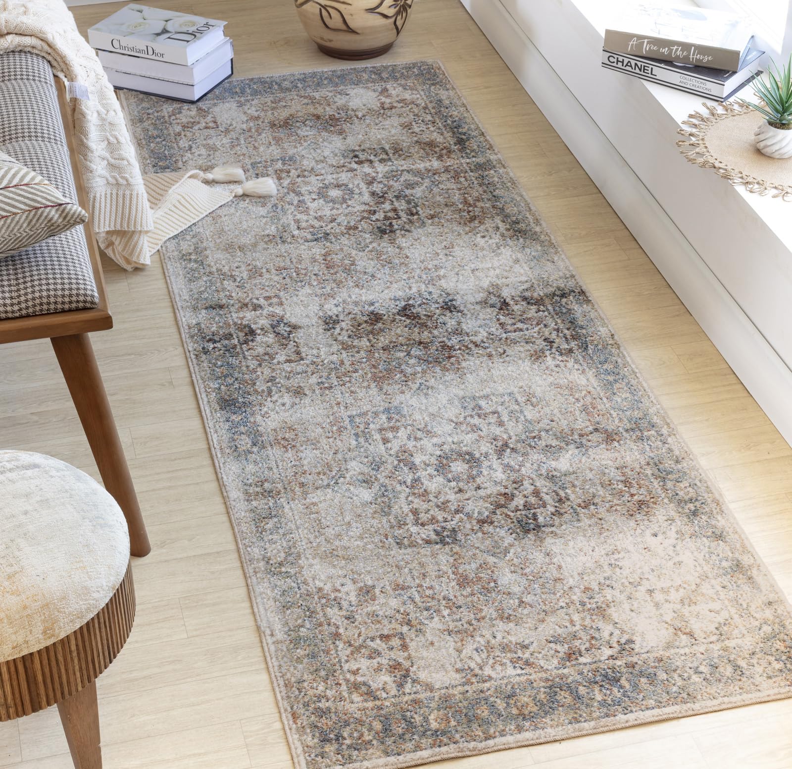 Livabliss Alora Tradizionale Vintage Runner Tappeto | Grigio chiaro, Crema, Marrone | 80x220cm | Corridoio e Cucina | Tessuto a Macchina Poliestere