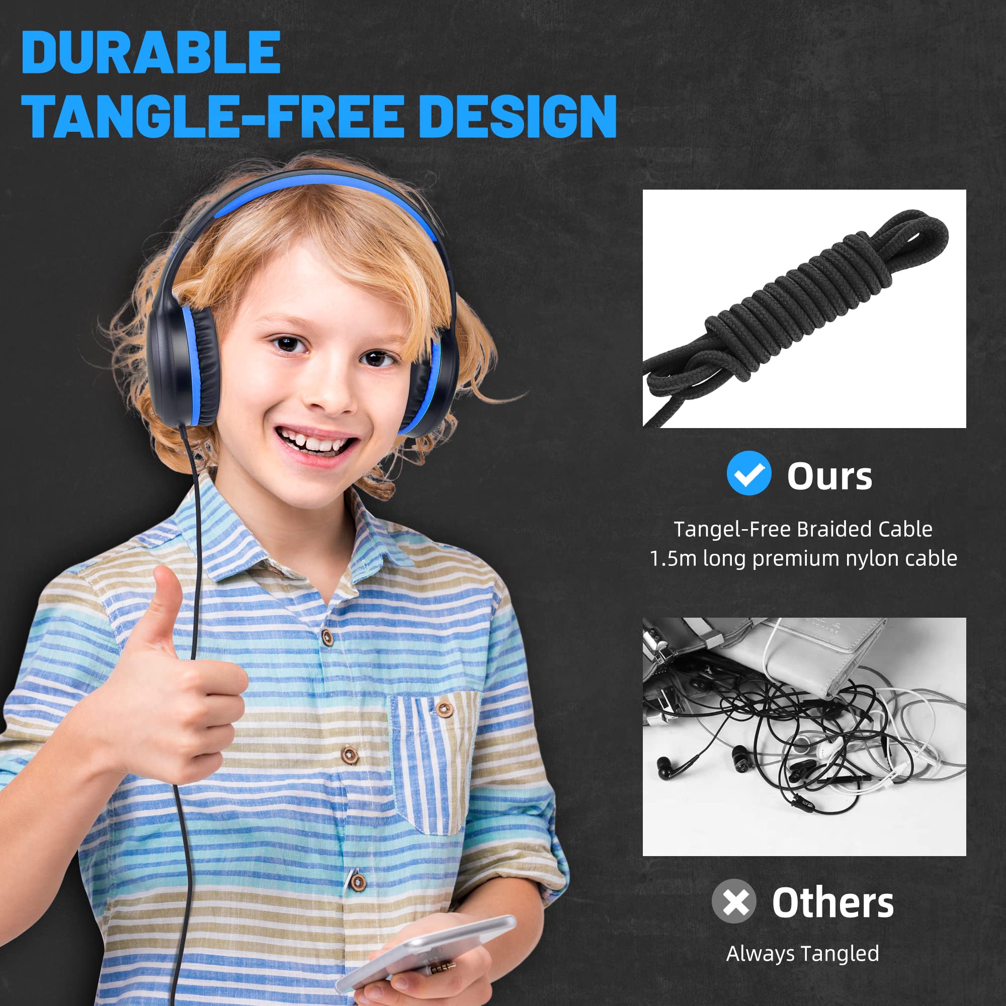 UKELALA Cuffie blu cablate per ragazzi Cuffie pieghevoli con filo per bambini Cuffie stereo portatili compatibili con computer PC Phone per scuola aula