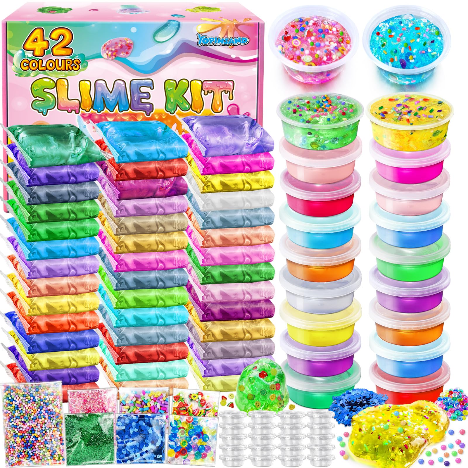 42 Pack DIY Slime Kit, Slime Making Kit for Girls, Premade Crystal Clear Slime with Add-ins, Foam Balls, Glitters, Slime Gift Toys for Kids 3-12