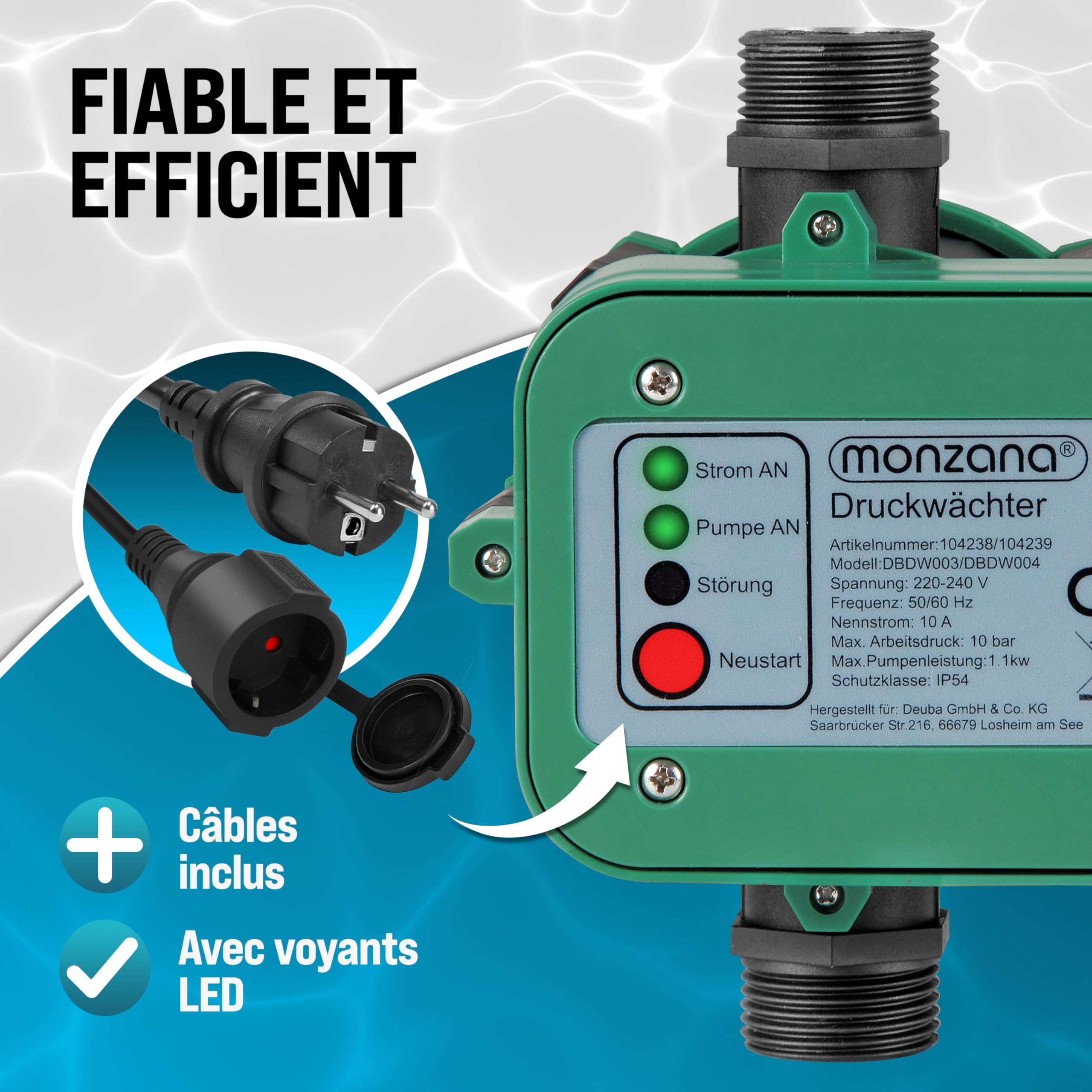 MONZANA Pressostat pompe eau 10 bar protection fonctionnement à sec contrôleur pression