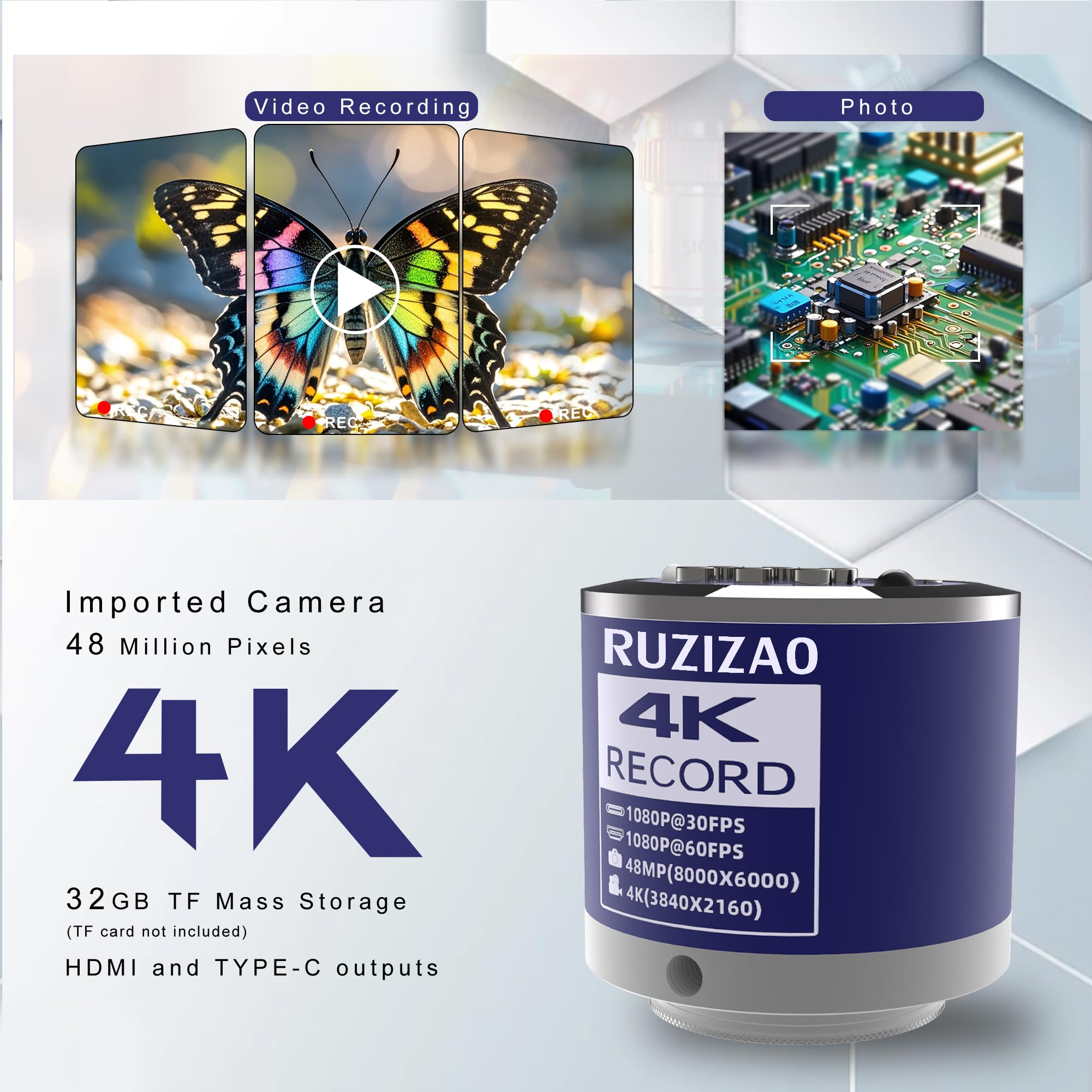 Microscope Numérique 4K 48MP HDMI VGA Industriel Objectif Monture C Zoom 150X Support Pliable Éclairage Annulaire LED