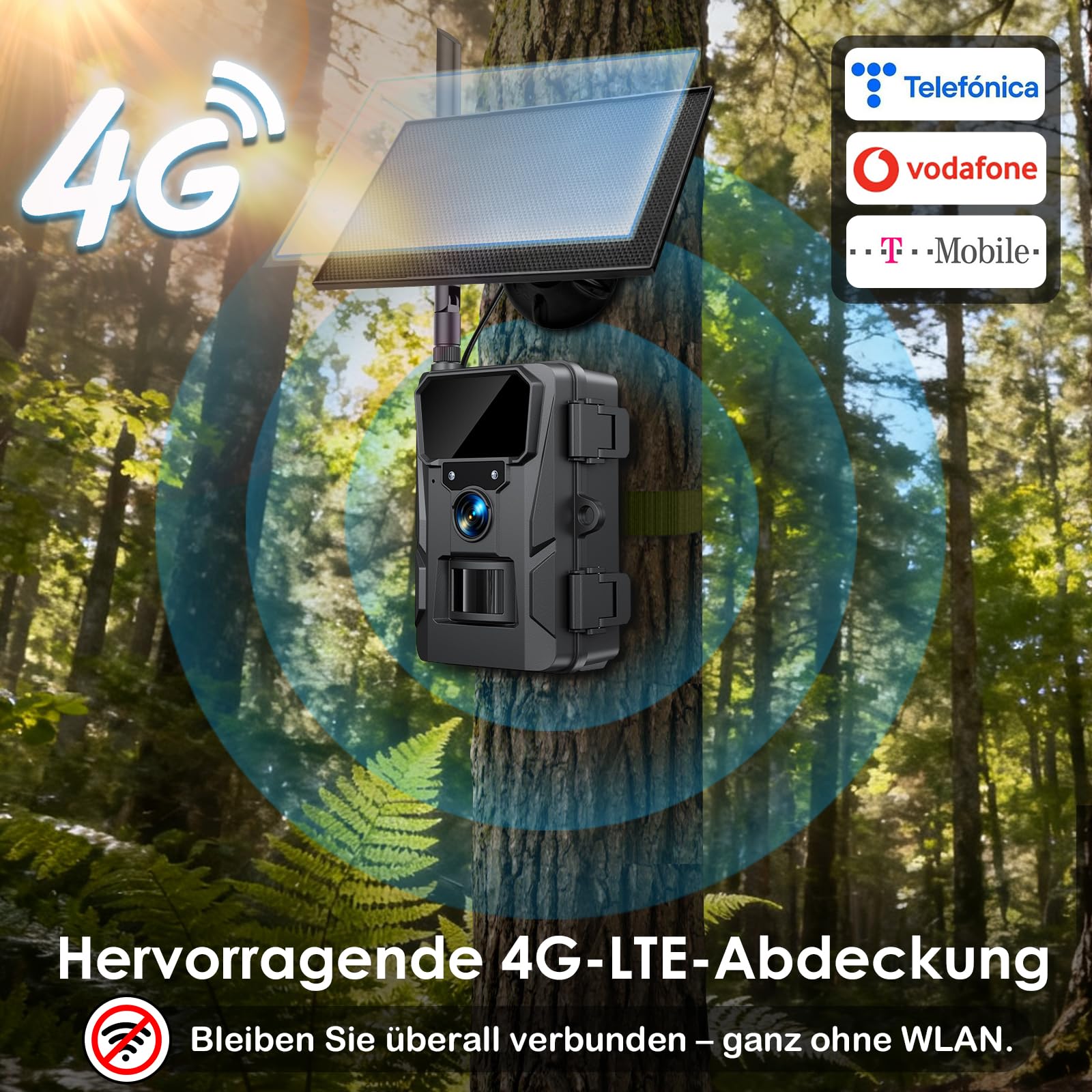 WOLFANG Wildkamera 2K 48MP, 4G LTE Live-Solar-Übertragung Wildkamera mit Handyübertragung-App, Echtzeitalarm, Infrarot-Nachtsicht-Jagdkamera mit 5200 mAh Akku, 64 GB SD-Karte, IP66 schwarz