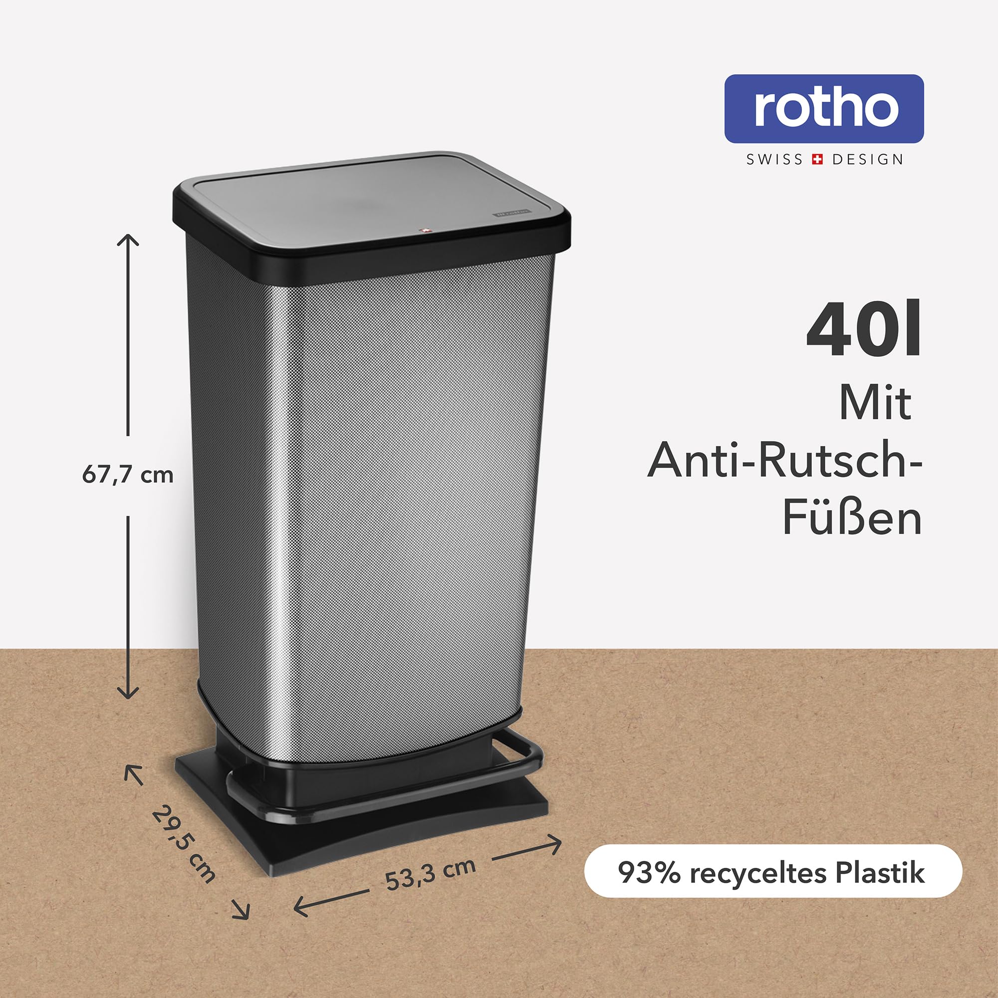Rotho Paso Mülleimer 40l mit Pedal, Kunststoff PP BPA-frei, carbonmetallic