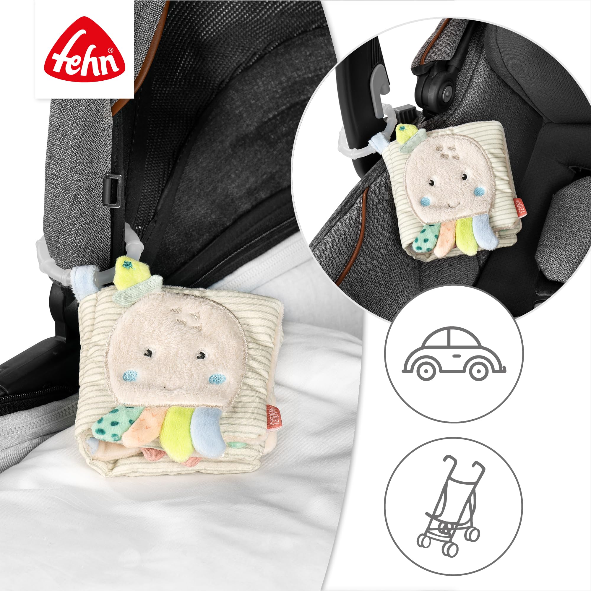 Fehn libro de tela pulpo - Libro táctil de tela con motivos de animales - Juguetes para colgar en el cochecito y la silla de bebé - Para bebés y niños a partir de 0 meses