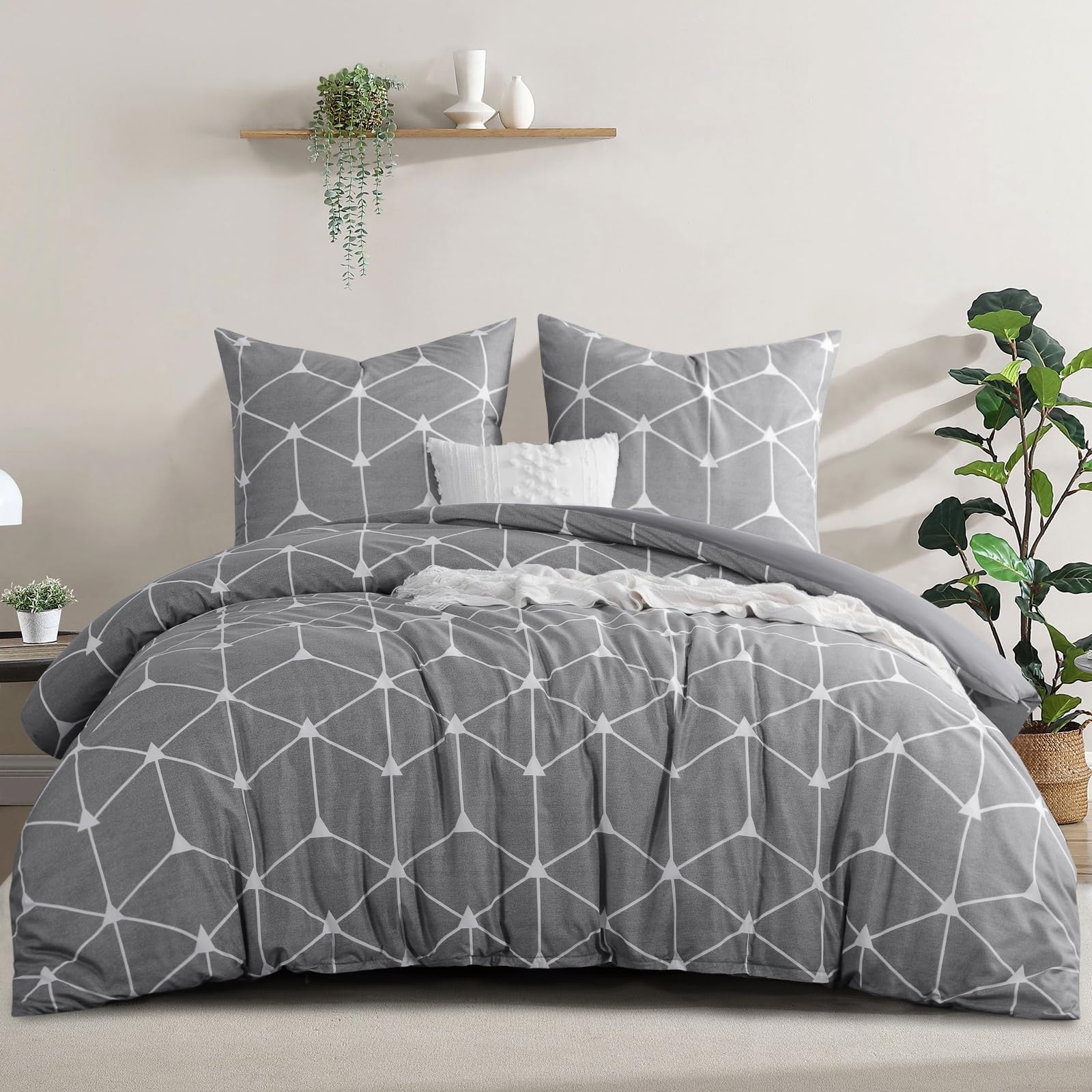 RUIKASI Bettwäsche 220x240 3 teilig Hellgrau - Bettbezug 220 x 240 Set mit Geometrie Muster, Bettwäsche-Set 220x240cm aus Mikrofaser mit Reißverschluss Weich und Bügelfrei