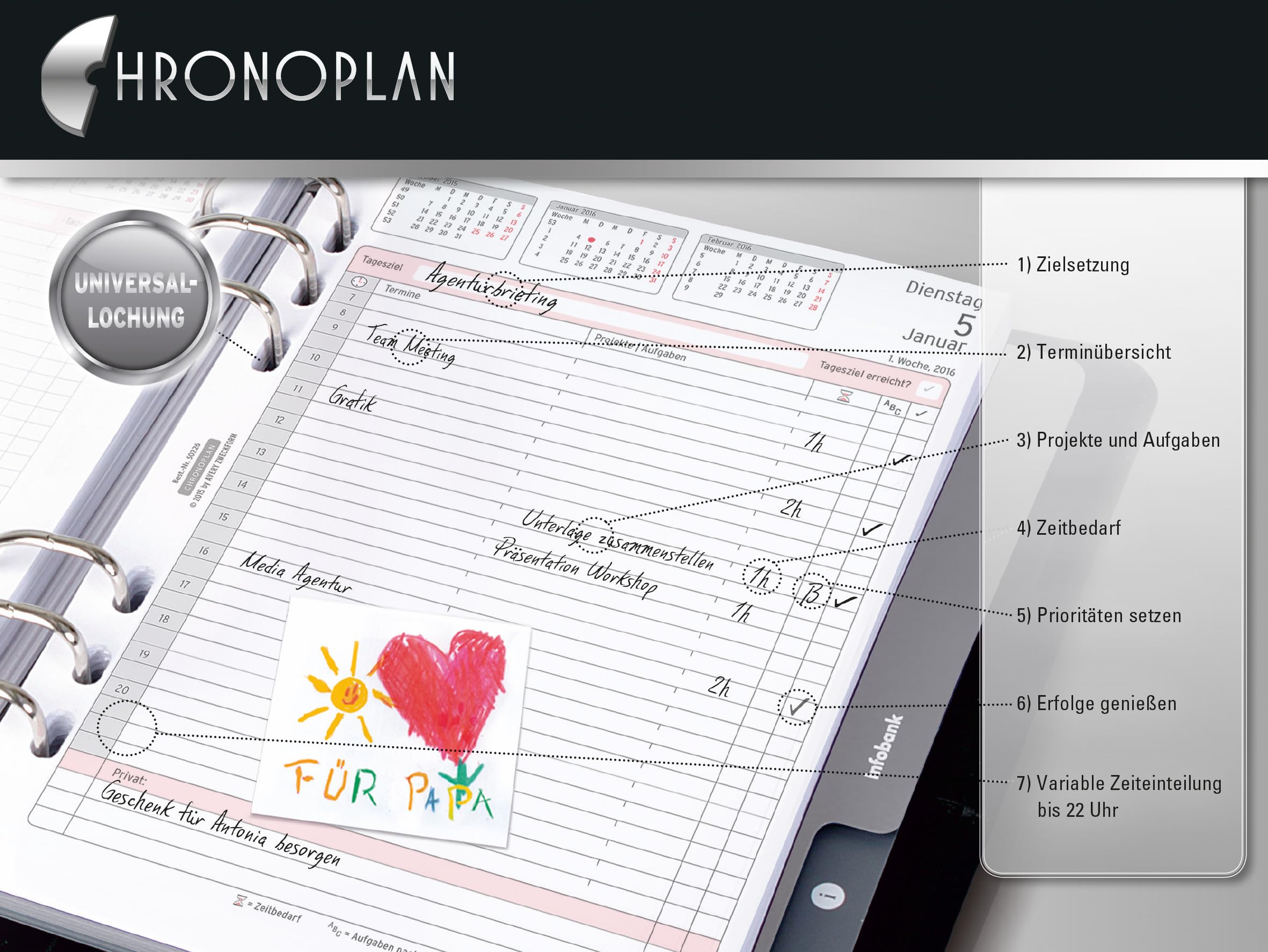 Chronoplan 50206 Kalendereinlage 2026 (Jahres-Set A5 (148x210mm), Ersatzkalendarium für Terminplaner, Tagesplaner, ideal für detaillierte Tagesplanung, 1 Tag auf 2 Seiten, mit Universallochung) weiß