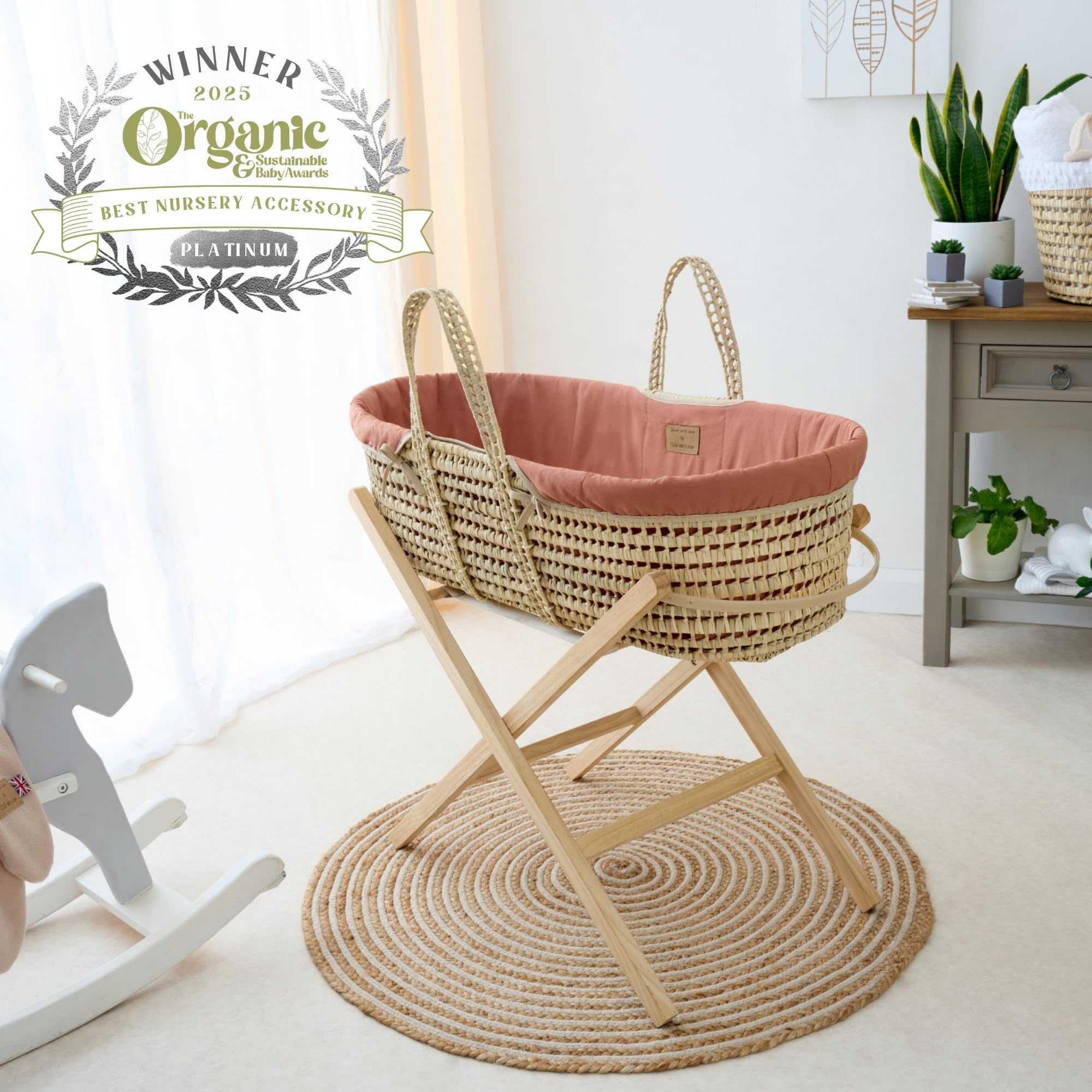 Clair de Lune Couffin en Palmier Bio - Lauréat du Prix d'or - avec Habillage Biologique, Matelas en Bambou Naturel et Drap de couffin Doux de 75 x 28 cm (Orange Rouille)