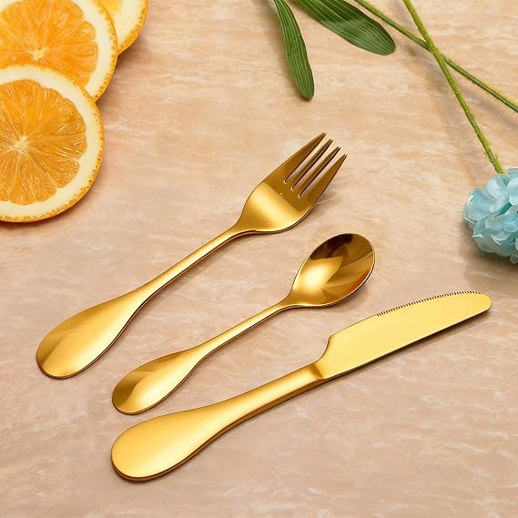 8 PCS Eating Portion Control Flatware Weight Management Gold Portion Control Serving Spoons Forks Knives Stainless Steel Utensils with Fabric Storage Bag