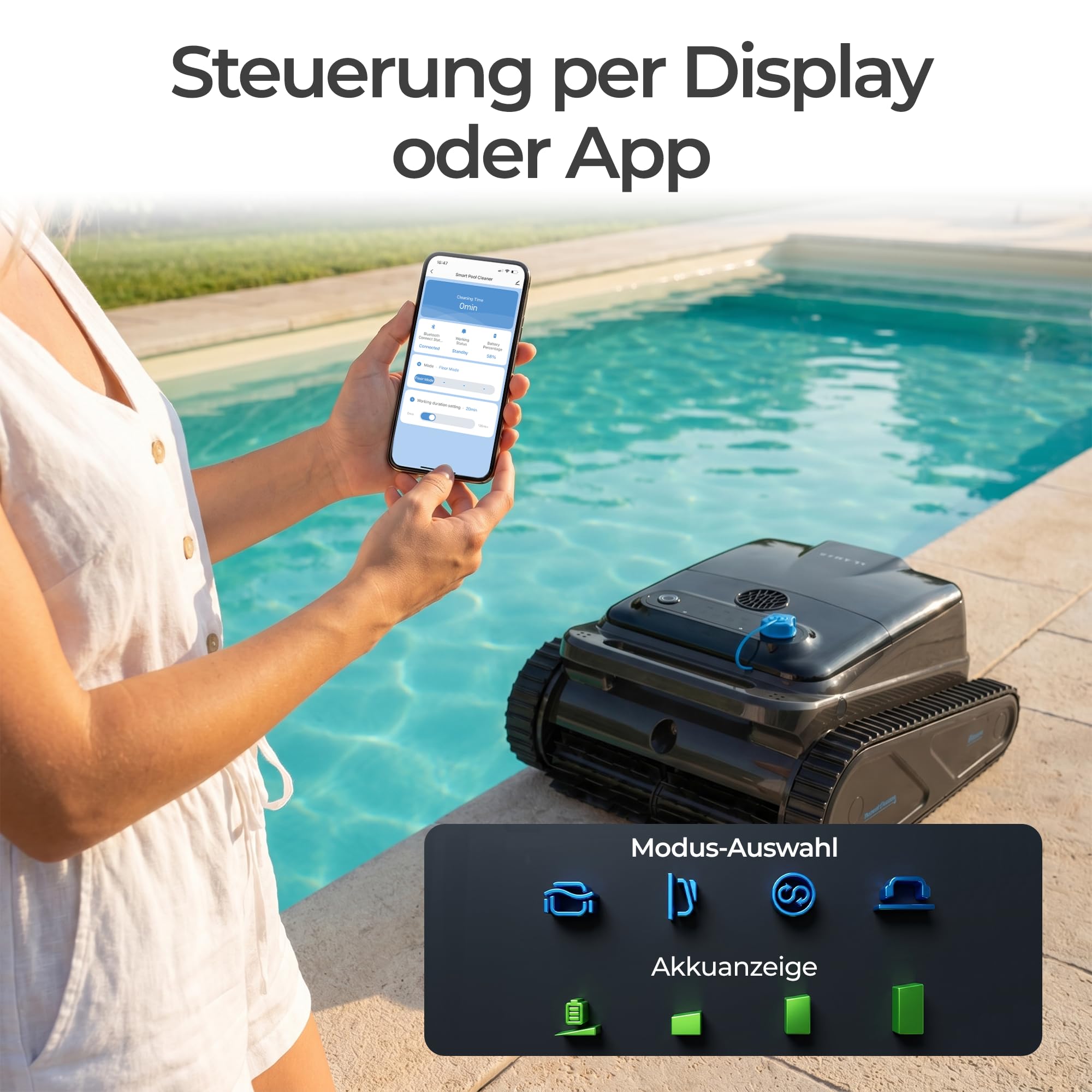 KLAMER Poolroboter Akku Kabellos, Wand & Boden, 150 Min, 200 m² | Bluetooth App-Steuerung, 4 Reinigungsmodi, Waschbarer Filterkorb, Display mit Akkuanzeige, bis 200 m², 150 Min Laufzeit
