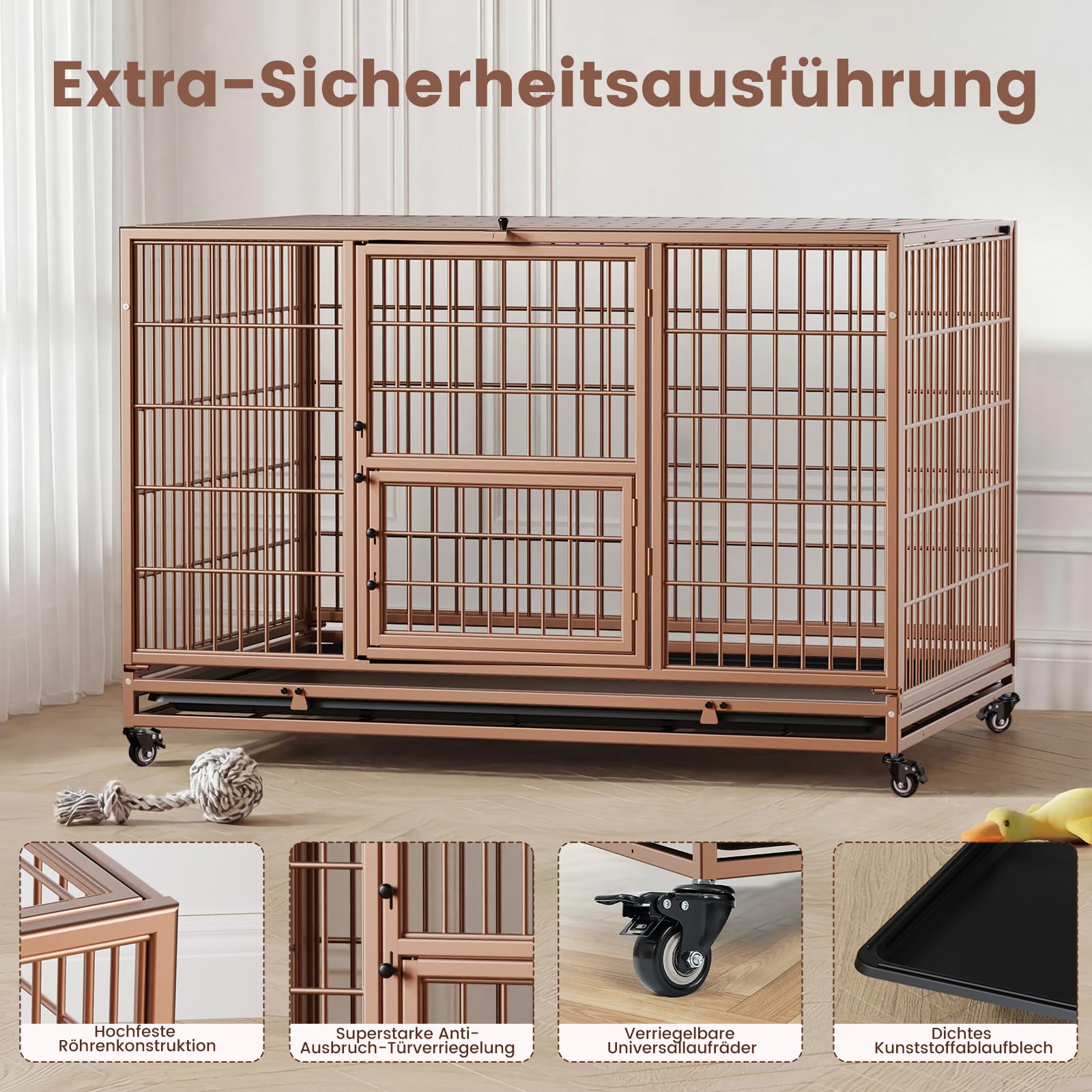 Gardner Pet Hundekäfig faltbar, 82 x 52 x 56 cm, Braun | 3 Türen, Transportkäfig für kleine Hunde mit Höhenangst, Feststellbare Räder, Herausnehmbare Bodenschale