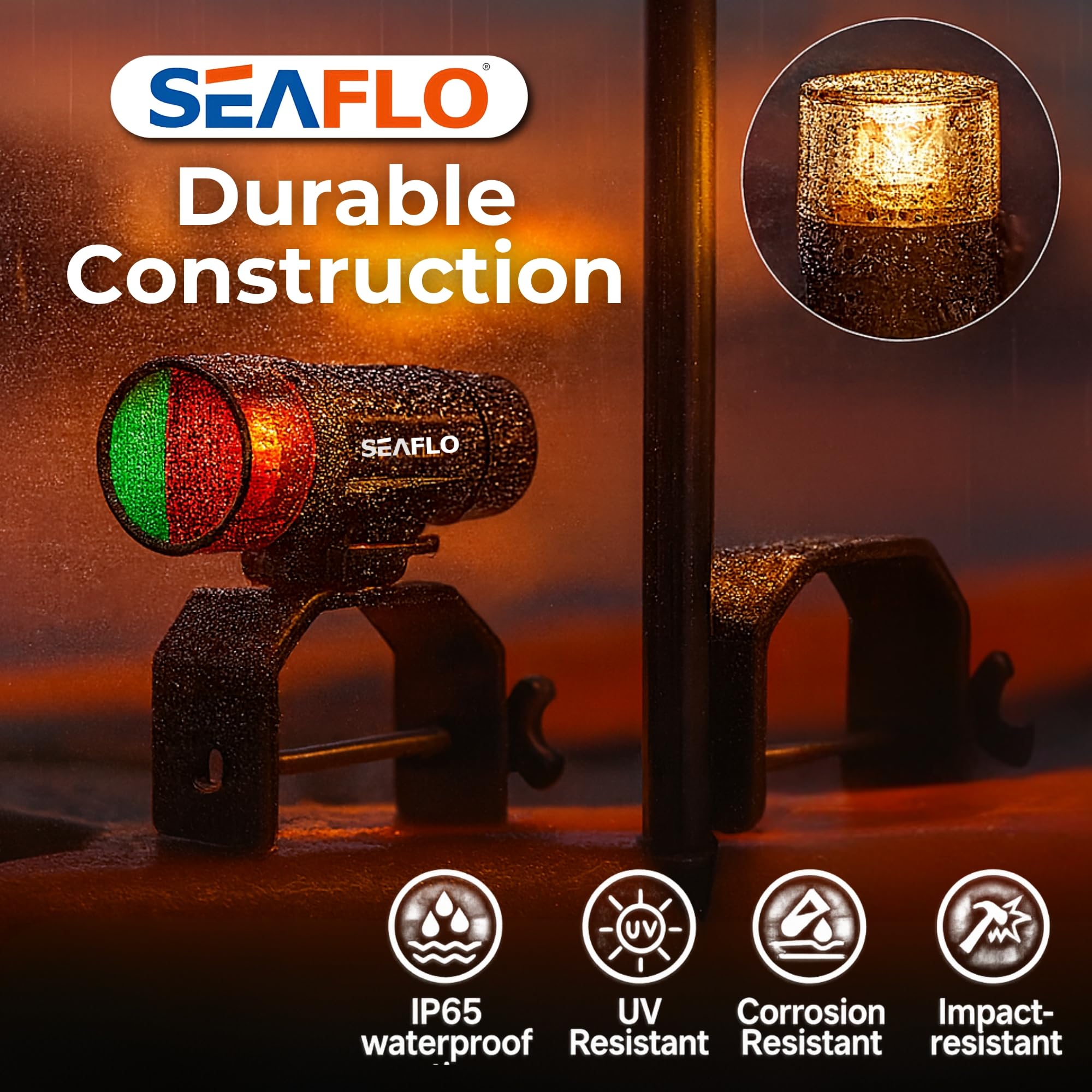 SEAFLO Kit di luci di navigazione portatili a LED serie 01 - Alimentazione a batteria (3 AAA), visibilità 2 NM, telescopico, impermeabile IP65, prua e poppa bicolore per pontone e piccole imbarcazioni