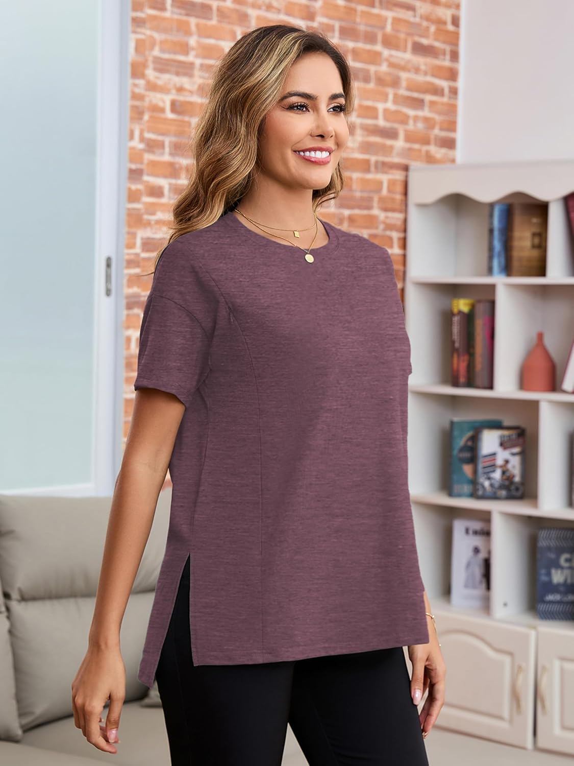 Ecavus Women's Oversized Nursing Shirts for Breastfeeding with Hidden Zipper Short Sleeves Side Splits Maternity Tops - Image 5