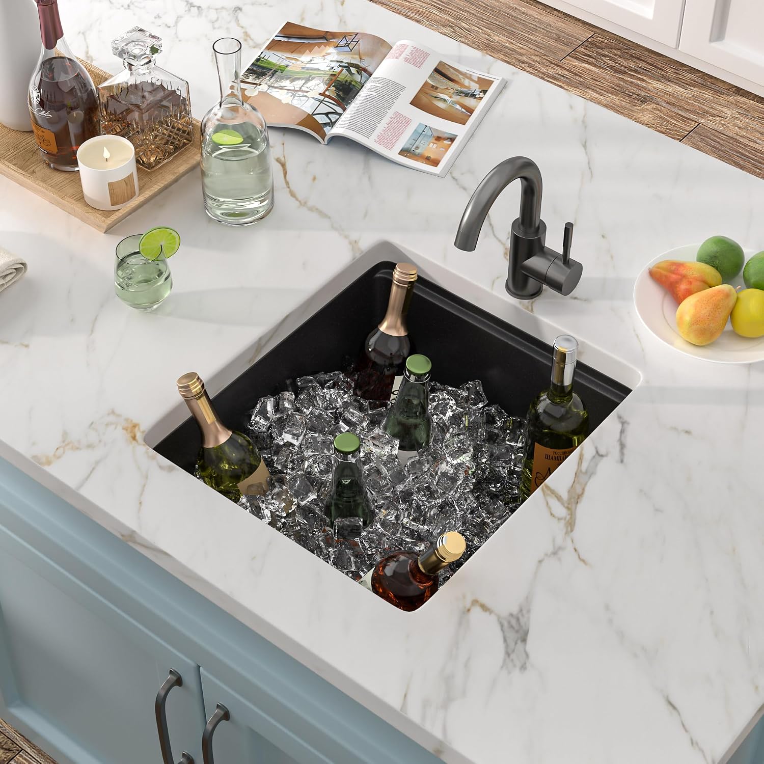 17"x19" Undermount Bar Prep Sink Workstation – Matte Black Granite Composite Quartz Classic Under Counter Single Bowl Sink Basin for Wet Bar, RV, Outdoor Kitchen, Mobile Home