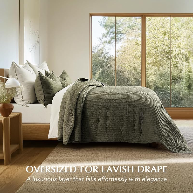 EVERGRACEHOME Cotton Sateen Quilt Set, Queen Size, Olive Green image 2