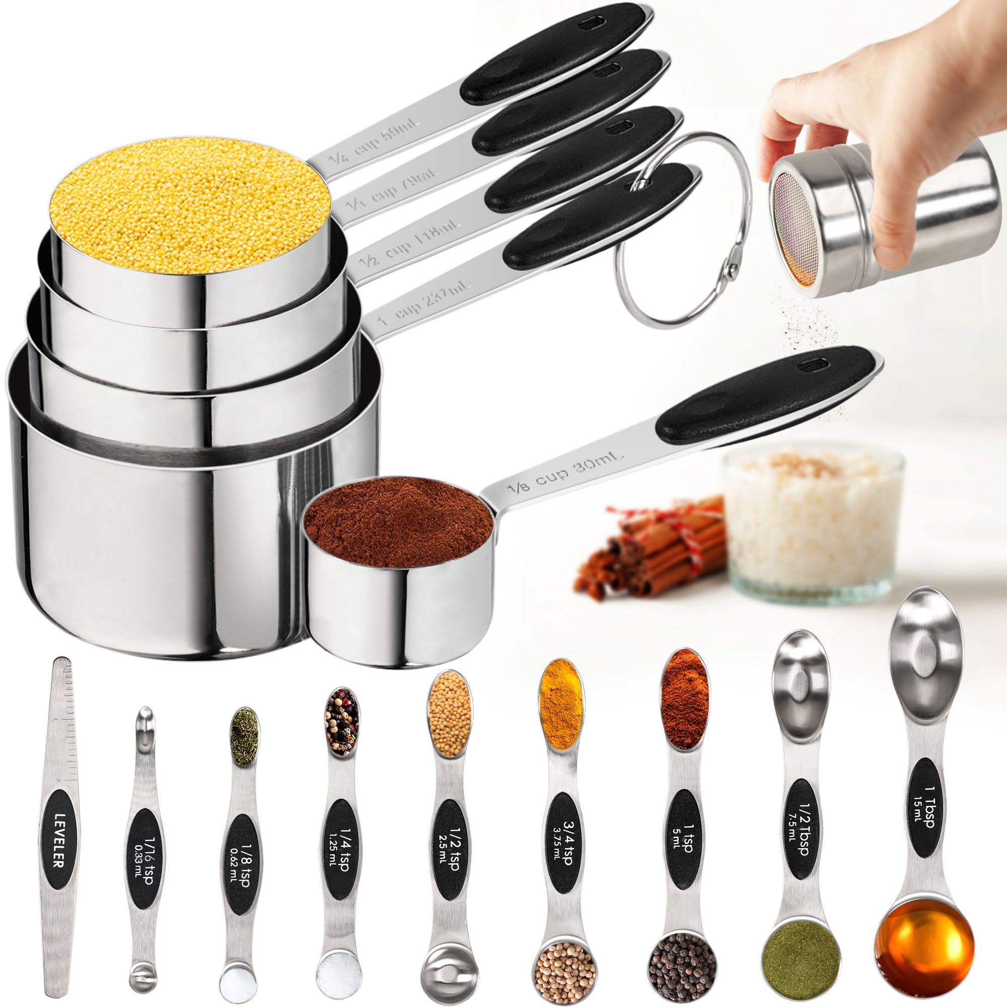 Measuring Cups and Spoons set, 5 Stainless Steel Measuring Cups, 8 Magnetic Double-sided Stainless Steel Measuring Spoons & 1 Leveler,1 Powder Sugar Shaker Duster for Cooking,set of 15