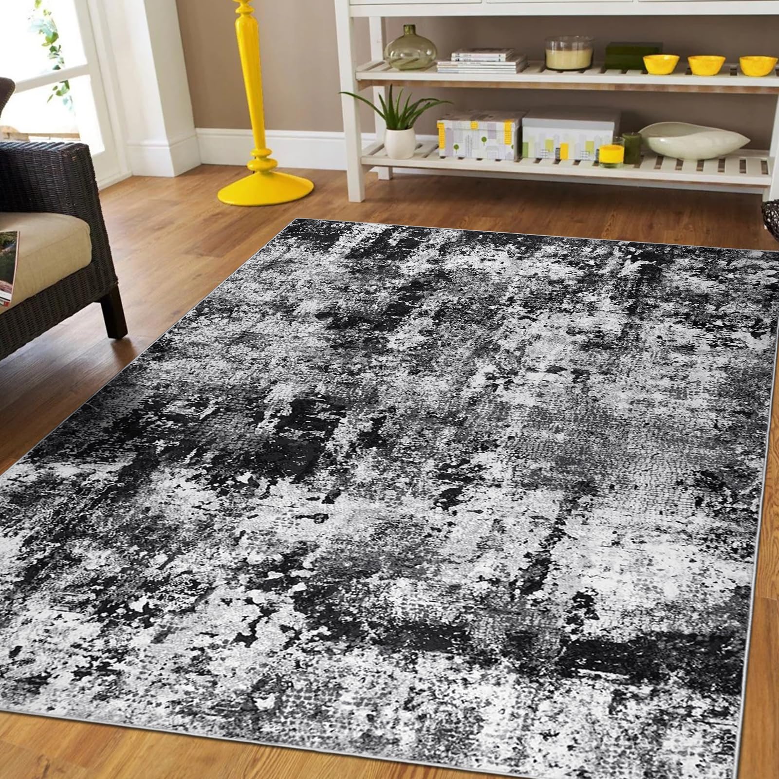 Capslpad Schwarz Abstraktes Teppich Wohnzimmer 120x180cm rutschfest Kurzflor Kunstwolle Schlafzimmer Teppich Waschbar Minimalistisch Bettvorleger Teppiche für Wohnzimmer Schlafzimmer Büro Bereich