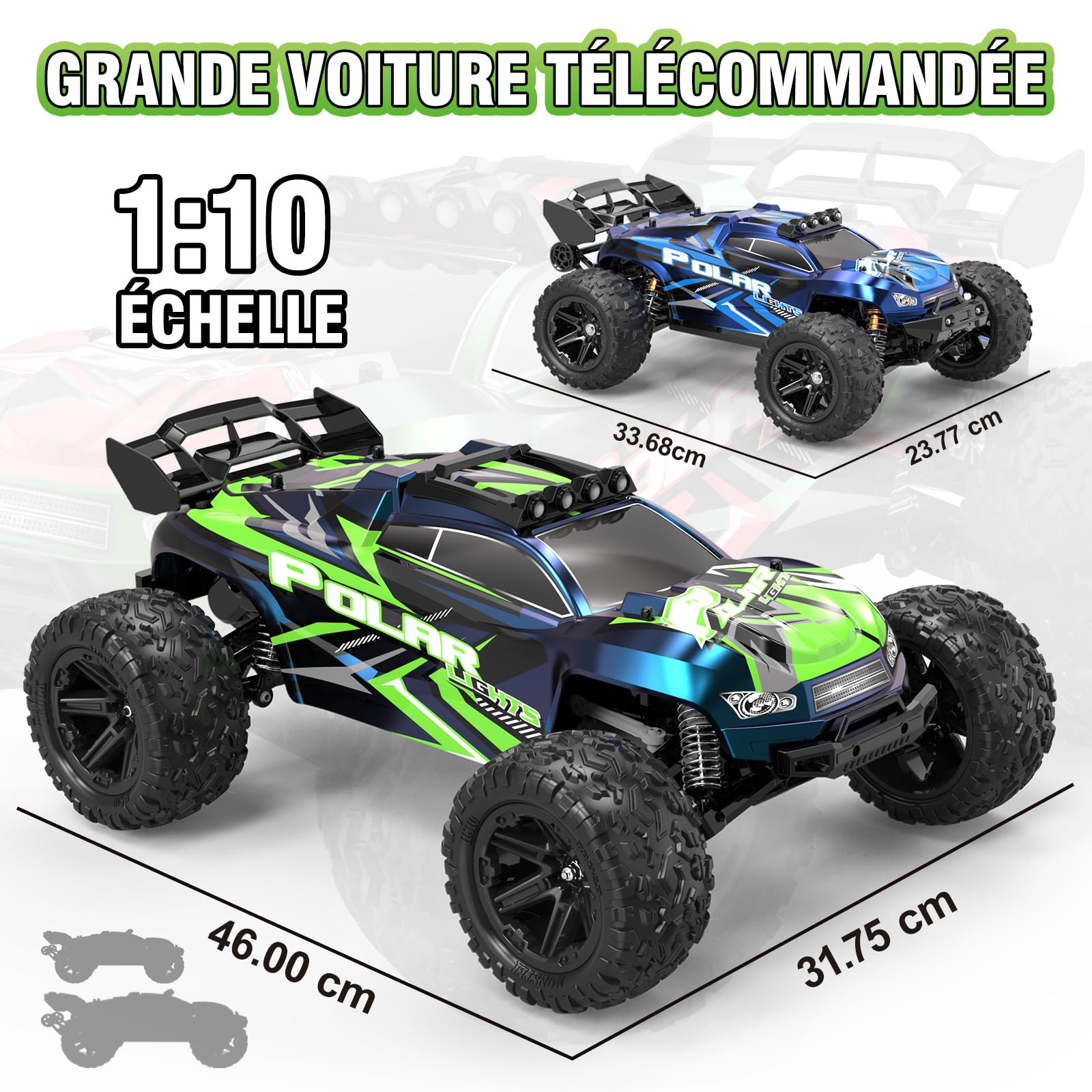 Voiture Télécommandée Adulte Grande Échelle 1:10 46 cm, RC Truck 2WD RWD Électrique 45 km/h avec 2 Batteries 2600mAh, Voiture Radiocommandée Tout Terrain pour Enfants et Adultes
