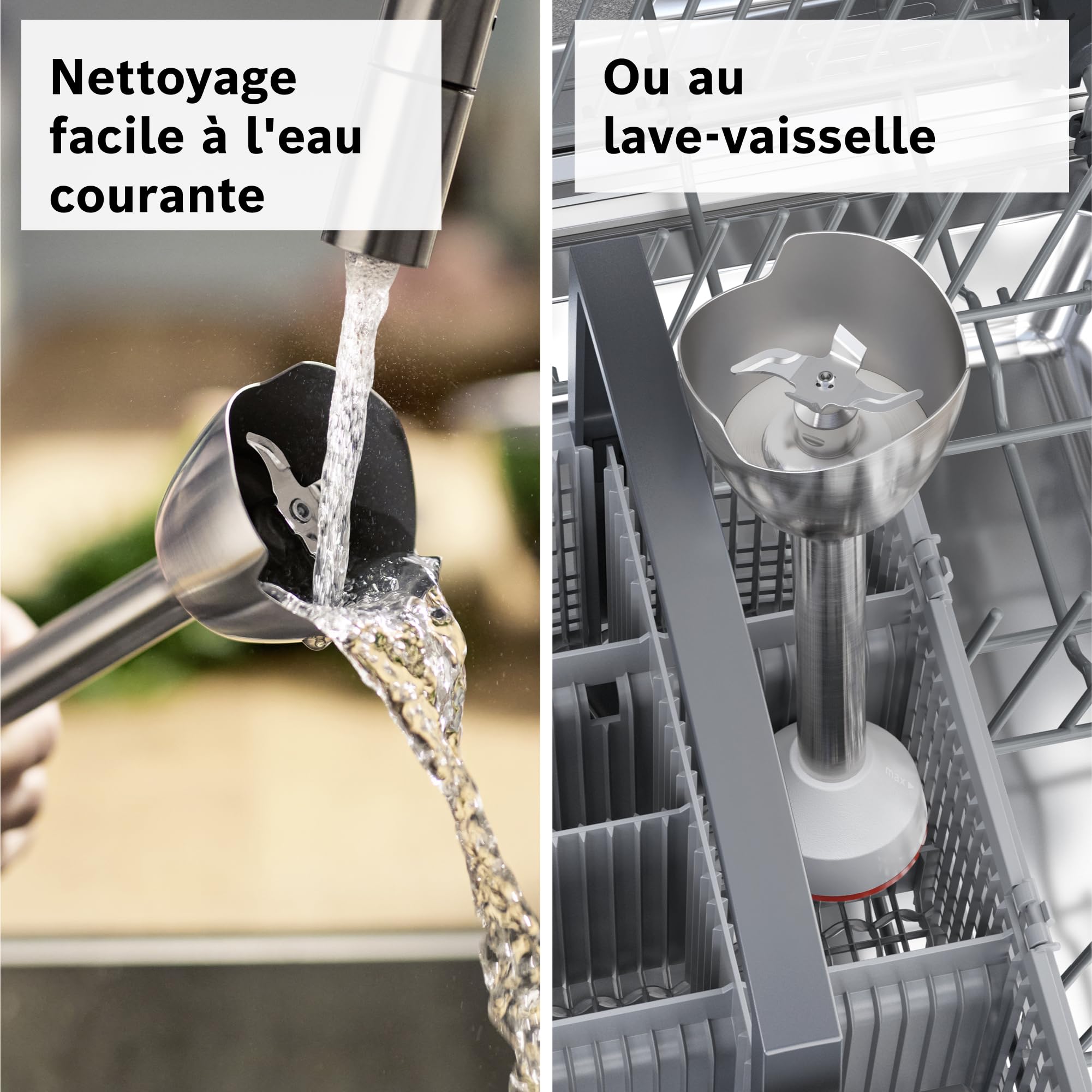 Bosch, mixeur plongeant, ErgoMaster Série 4, moteur 600 watts, variateur de vitesse, système de mixage QuattroBlade, accessoires inclus, blanc, MSM4W210