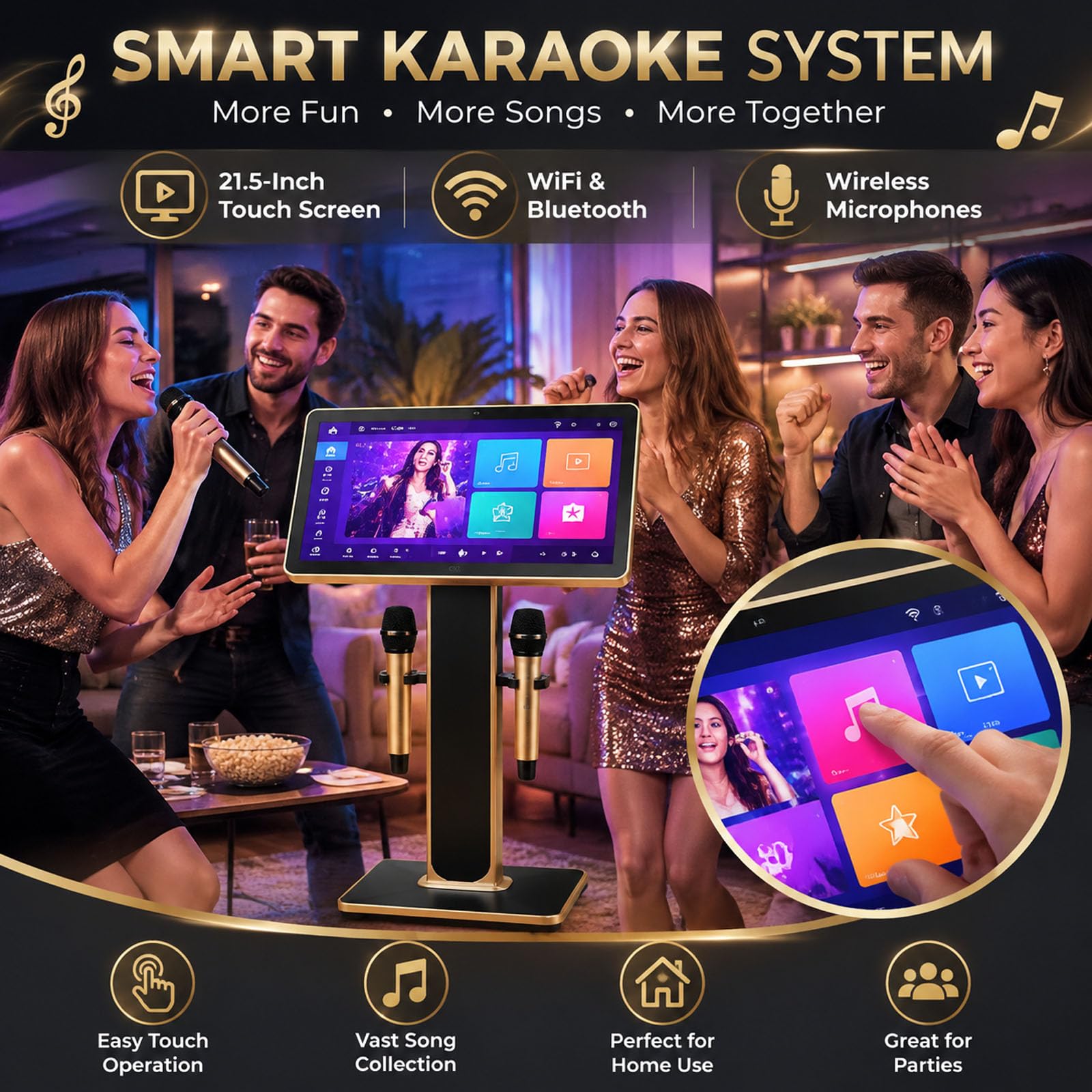 Maszyna do karaoke, system karaoke, 21,5-calowy odtwarzacz z ekranem dotykowym z mikrofonami bezprzewodowymi, mikser pogłosu, pamięć 3 TB, pobieranie utworów w chmurze, obsługa aplikacji YouTube