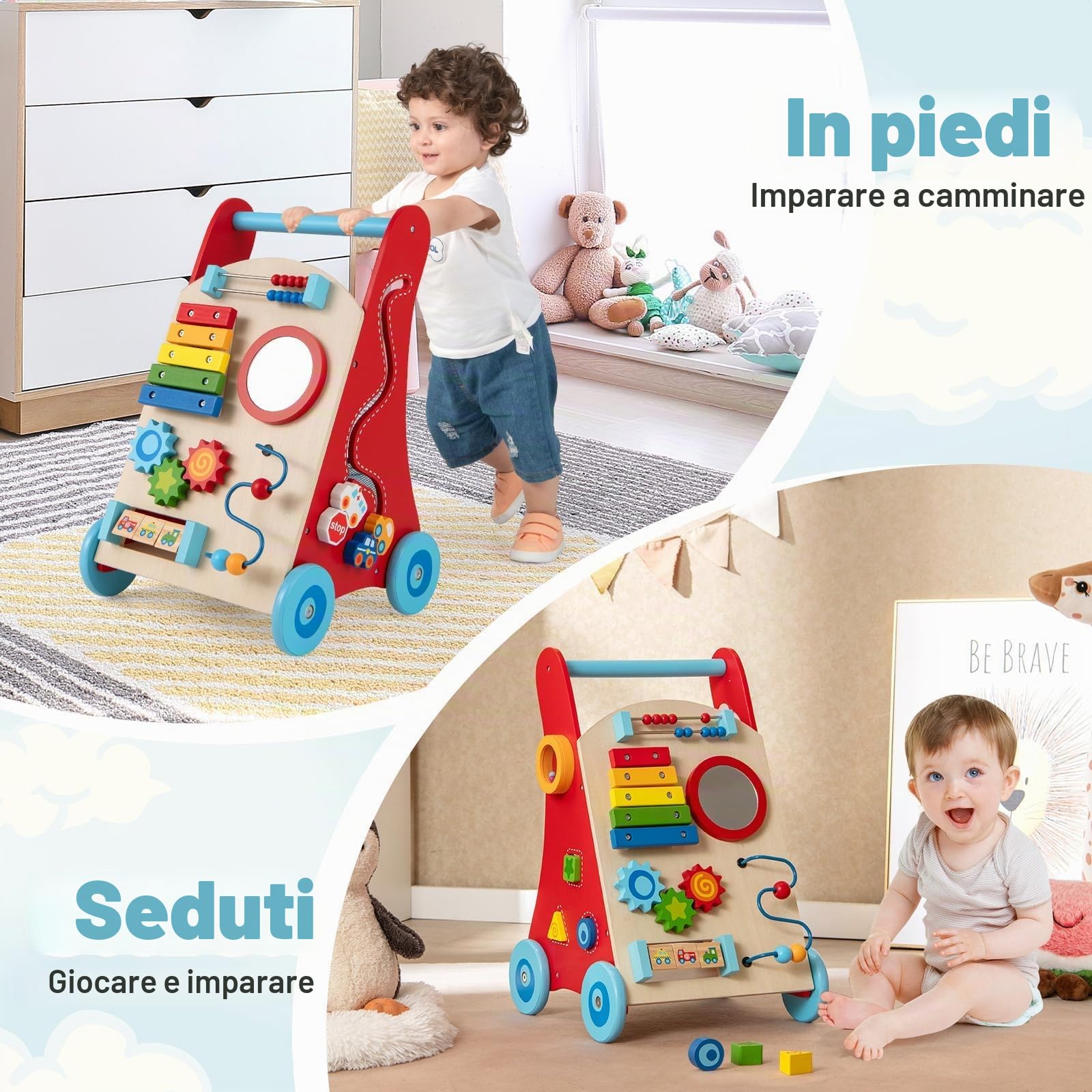 FANTASK Passeggino in legno per primi passi con manico, vano portaoggetti e ruote per spingere e tirare, Montessori Baby Walker per sedersi e stare in piedi, ragazzi e ragazze a partire da 1 anno