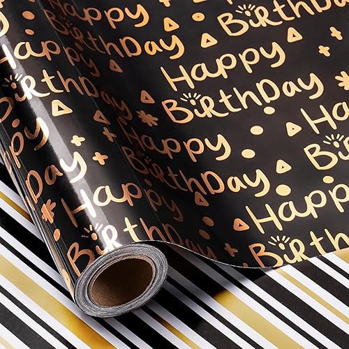 LeZakaa Rollo de papel de regalo reversible, letras de feliz cumpleaños y rayas negras doradas metálicas, papel de regalo para niños, fiesta de