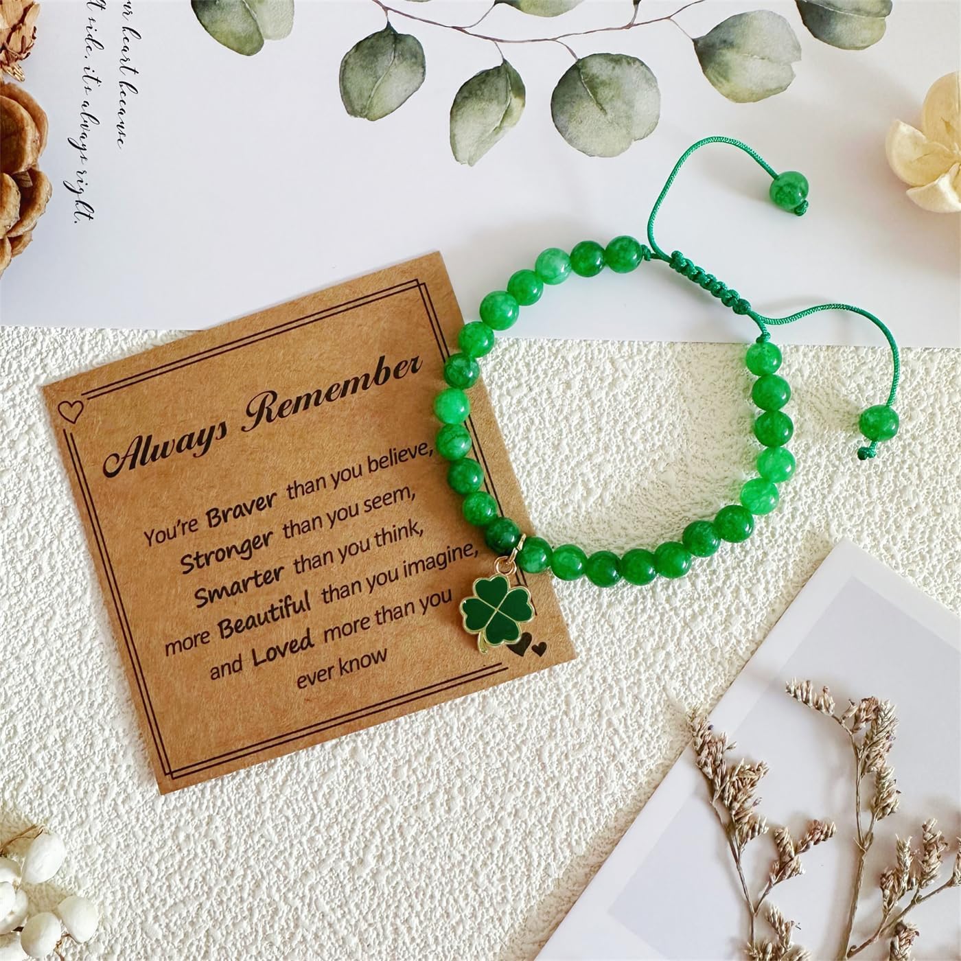 Bovemee Green Nature Stone Clove Bracelet Four-Leaf Clover Female Heart Charm Clover Peacock Bracelet Lucky Bracelet Trendy Gift for Women - Image 4