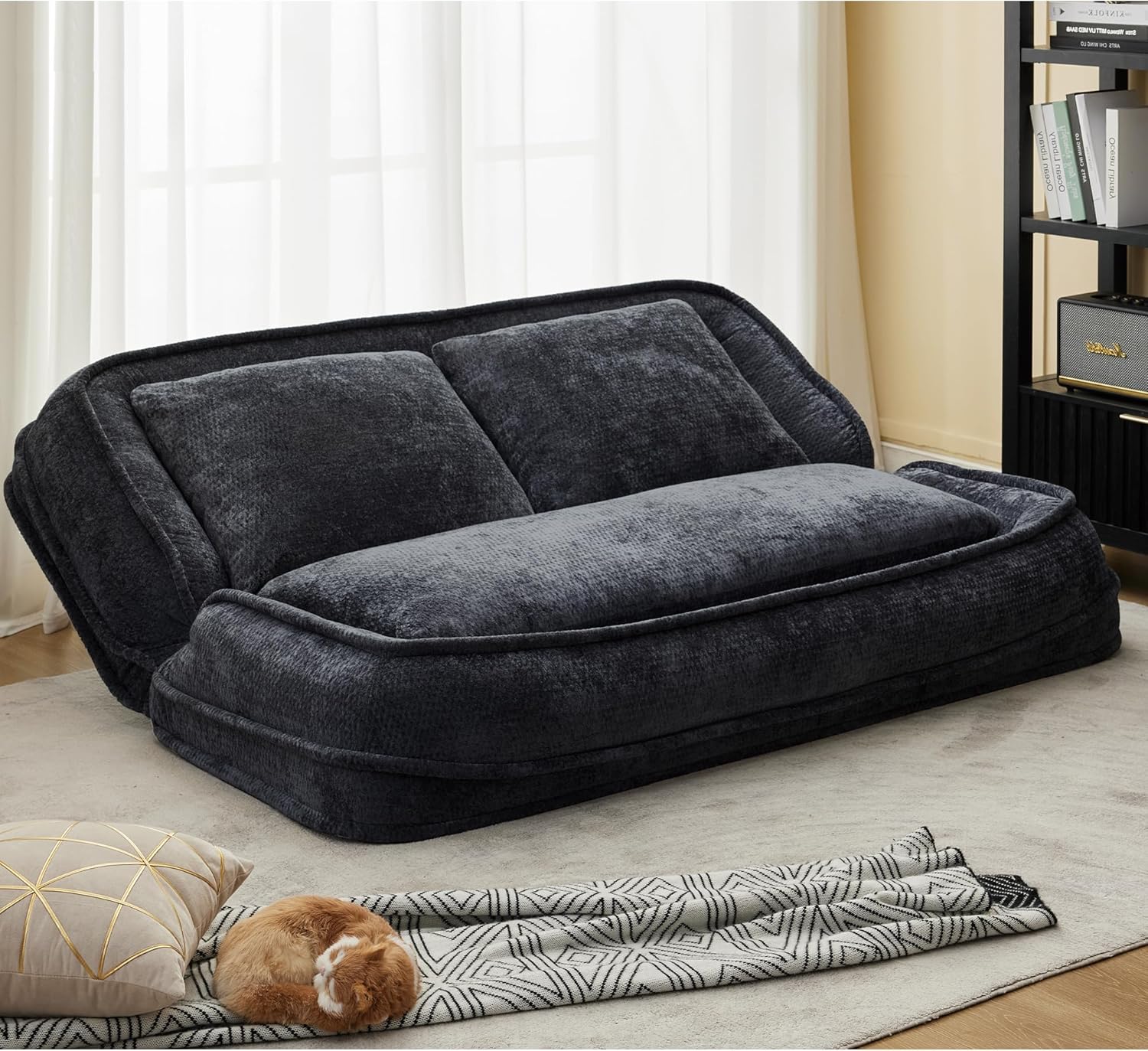 Oversized Human Dog Sofa Bed for Adult & Pets, Convertible Lazy Floor Sofa Bed with 5 Adjustable Positions, Comfy Upholstered Loveseat with 3 Pillows for Living Room Bedroom(Black)