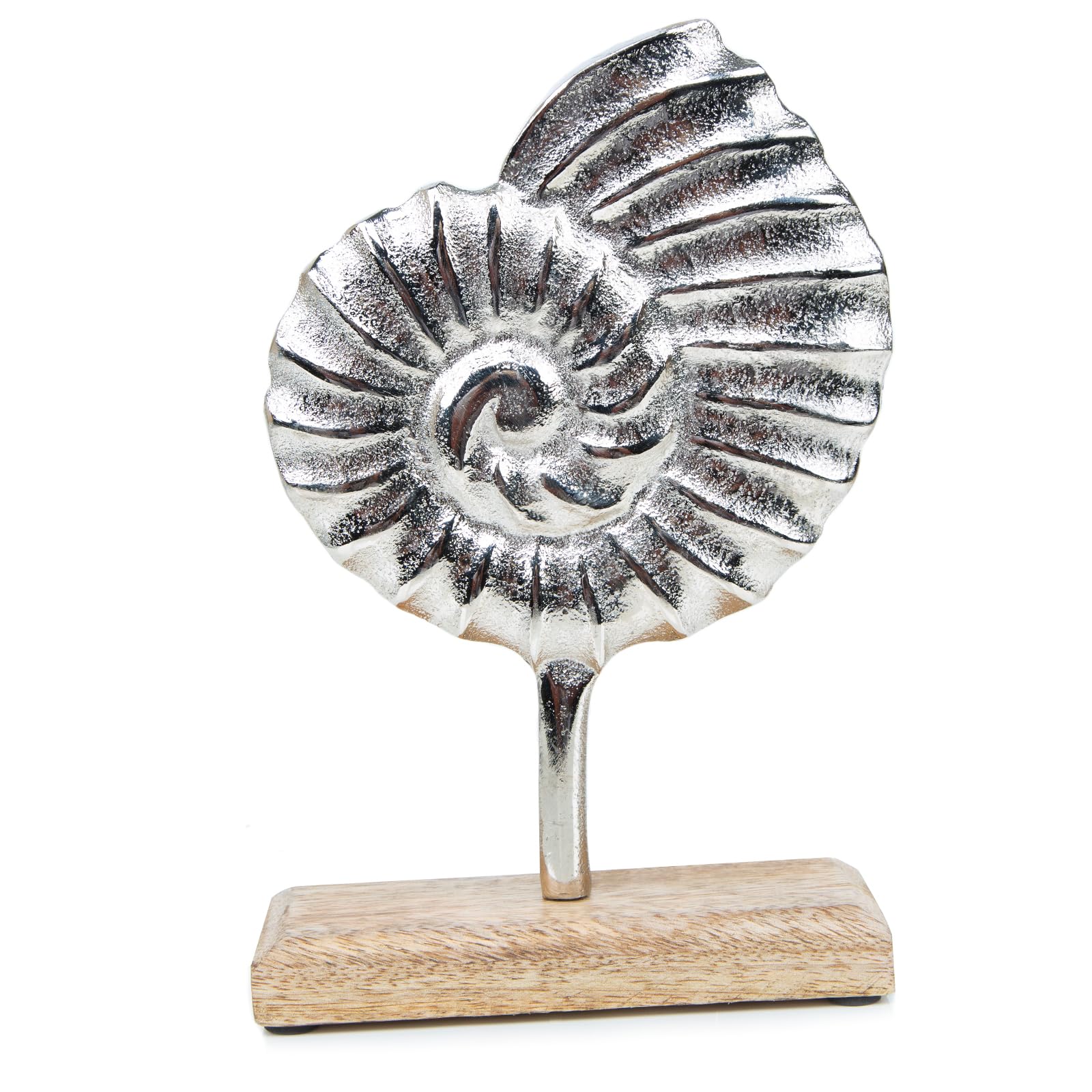 Logbuch-Verlag Figura Decorativa amonita Grande 24 cm de Metal Plateado con Base de Madera - amonita fosil - amonita decoración Marina