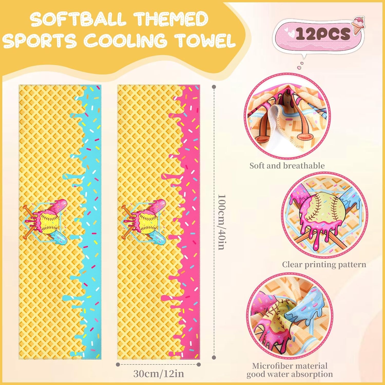 Set of 12 Softball Ice Cream Drip Cooling Towels 40"x12", Sweat Absorbent Cooling Towels for Coach & Team Gifts, Youth Sports, Gym, Beach, Pool & Hot Weather Party Favors