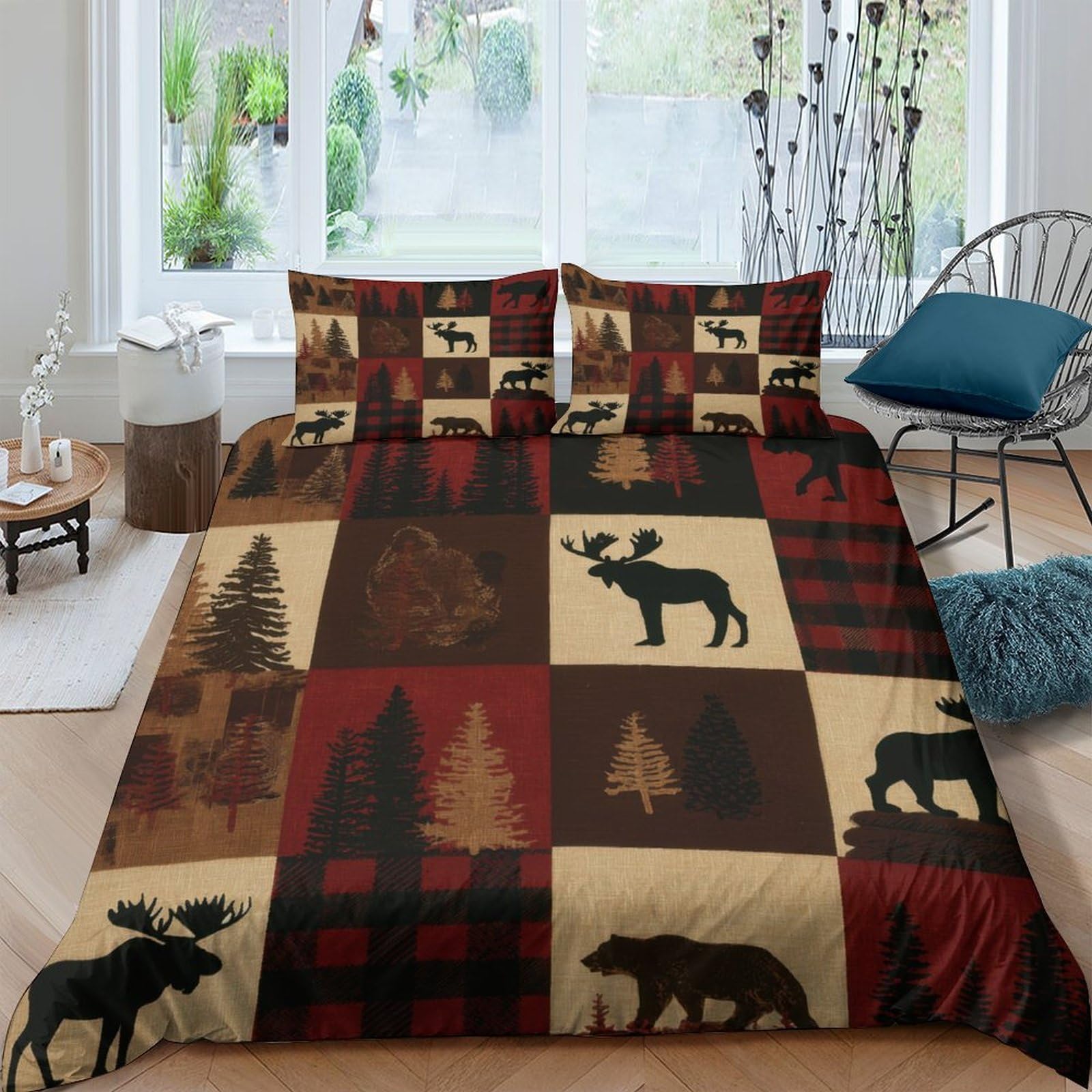 GPLZQXKJNH 3D Printed Forest Moose Duvet Cover Microfiber Soft Breathable Bear Bedding Set with 2 Pillowcases for Bedroom Decoration, Single（135x200cm）