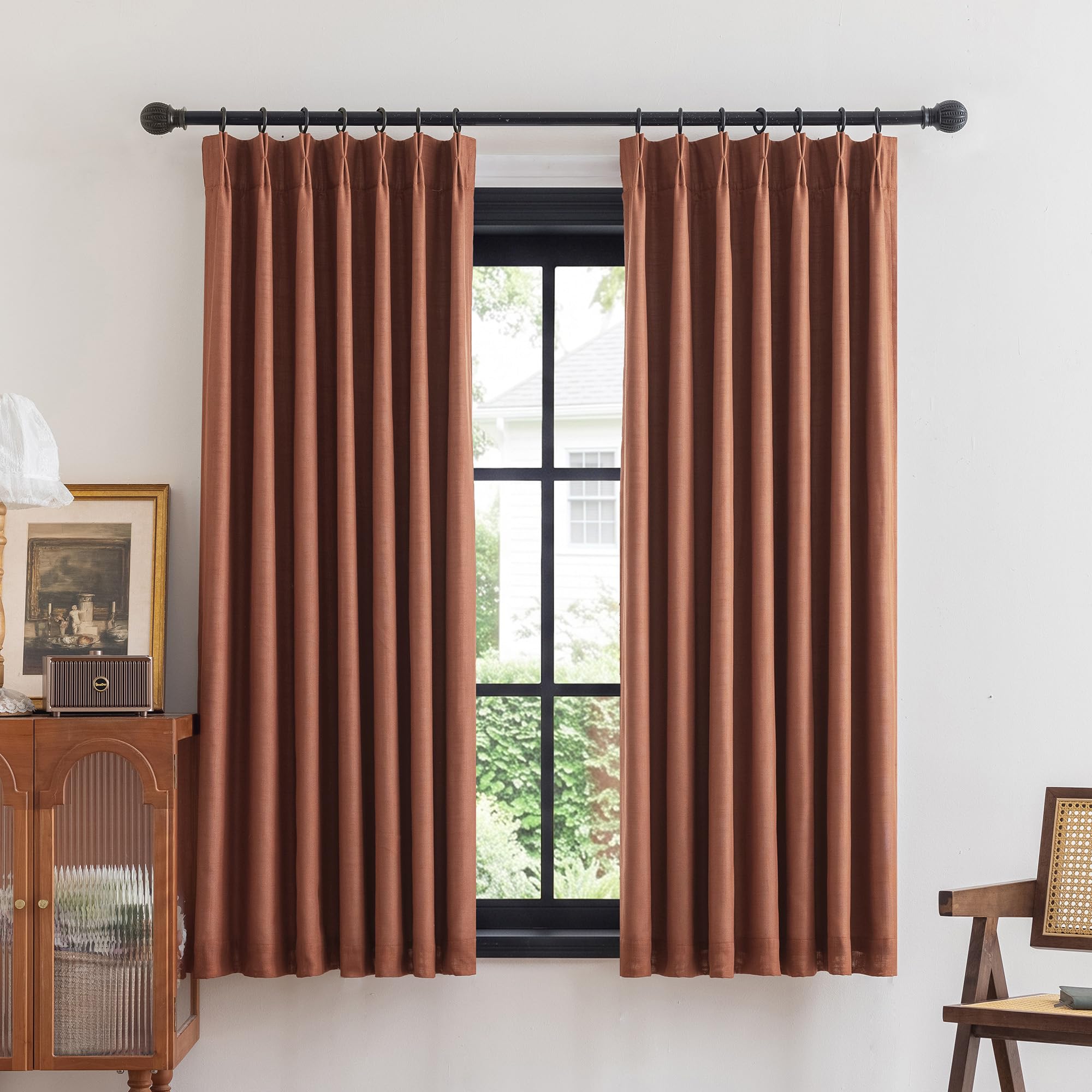 MYSKY HOME Terracotta Linen Pinch Pleated 100% Blackout Curtains,2 Panels