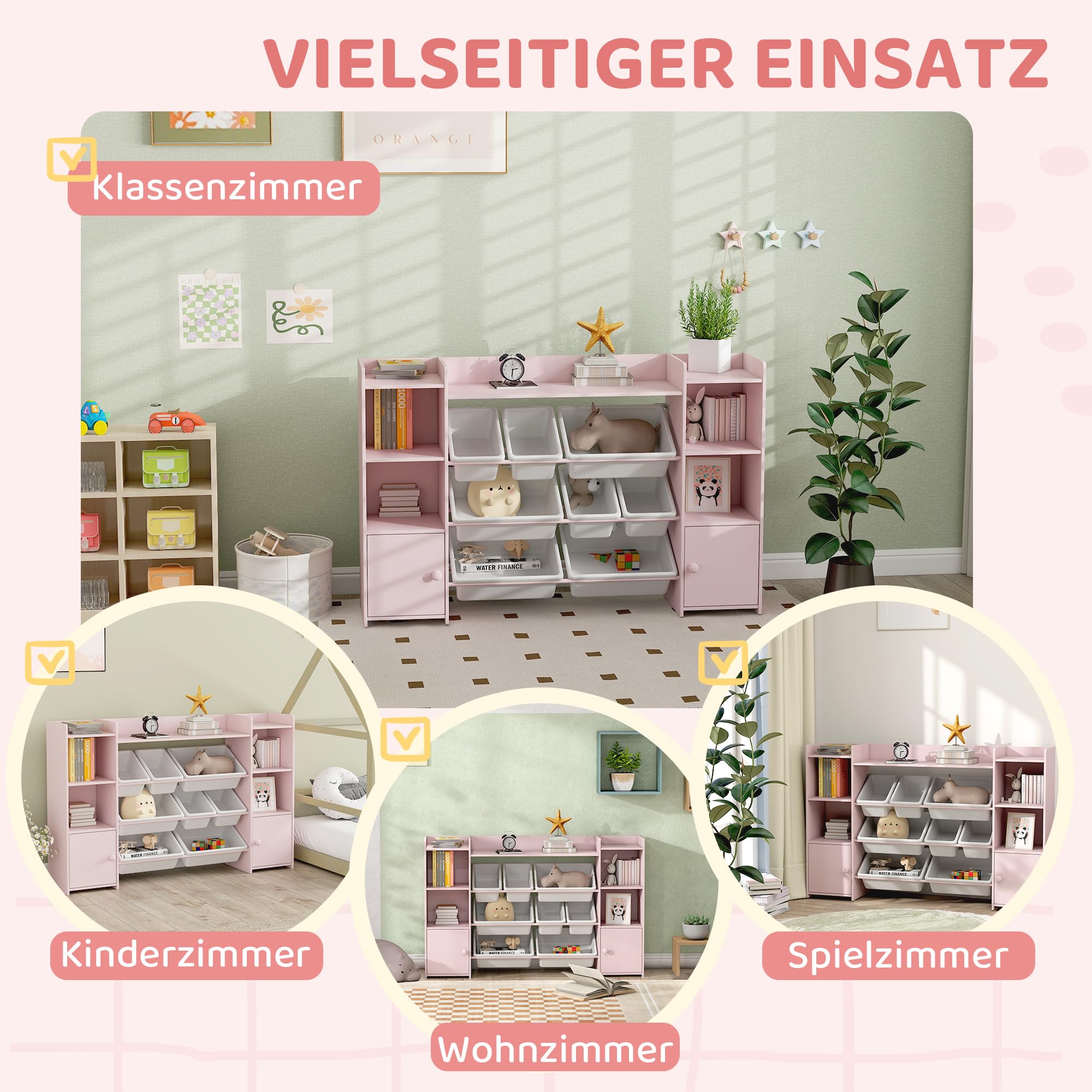 AIYAPLAY Kinderregal mit 8 Aufbewahrungsboxen 4 Fächern 140x30x90cm Rosa | Spielzeugregal, Bücherregal, 2 Schrankfächer, für Kinderzimmer, Spielzimmer, Wohnzimmer