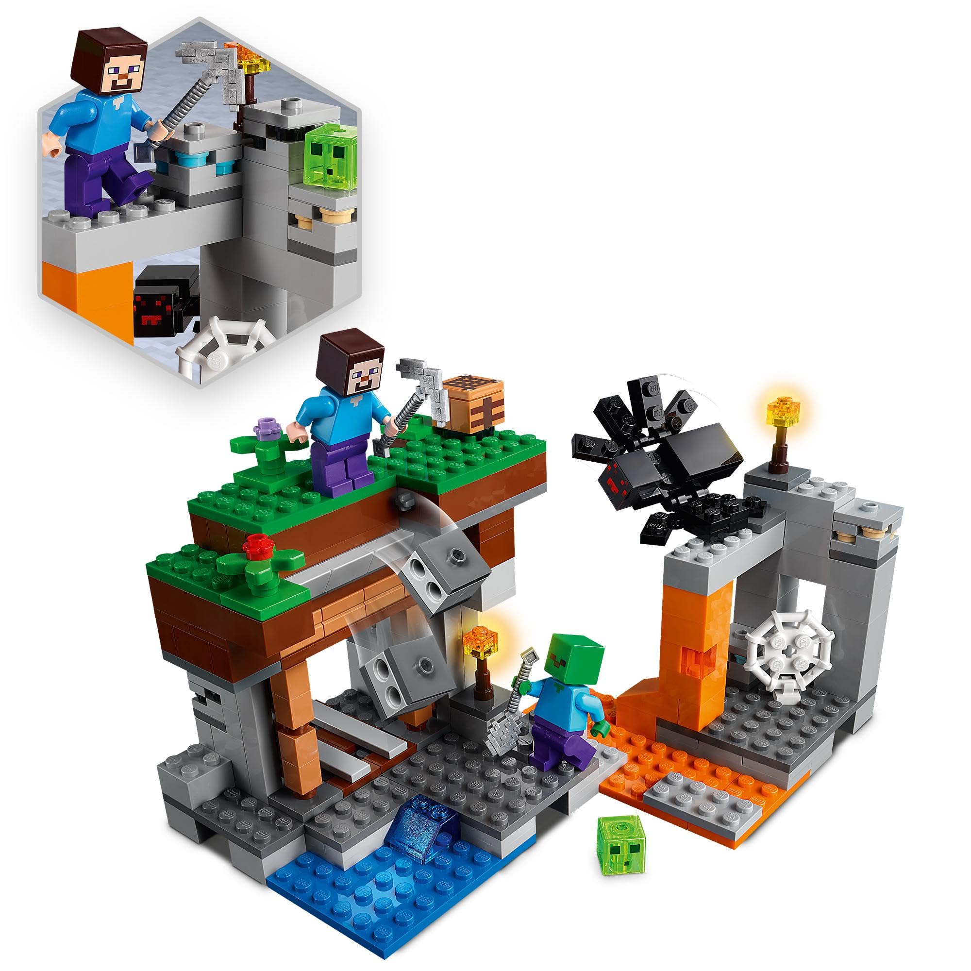 LEGO Minecraft La Miniera Abbandonata, Modellino da Costruire con i Personaggi di Steve, Zombie, Ragno e Slime, Giochi Creativi per Bambini e Bambine da 7 Anni, Fan del Videogioco 21166