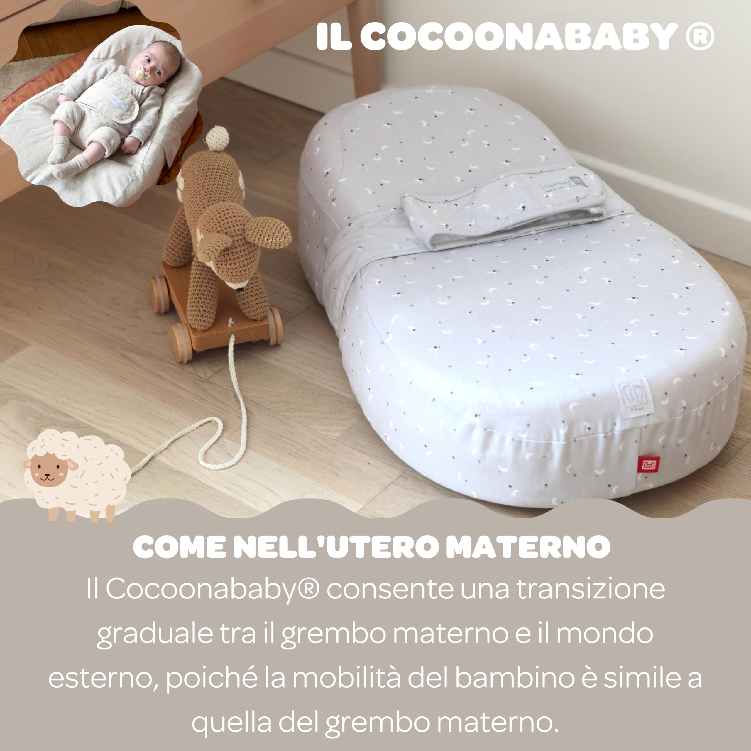 RED CASTLE, Cocoonababy, Bozzolo Ergonomico Confort Accoglienza Bambino, Avvolgimento e contenimento ritrovato, Limita i RGO, Facilita il transito intestinale, Sviluppa la motricità, Luna e Stelle