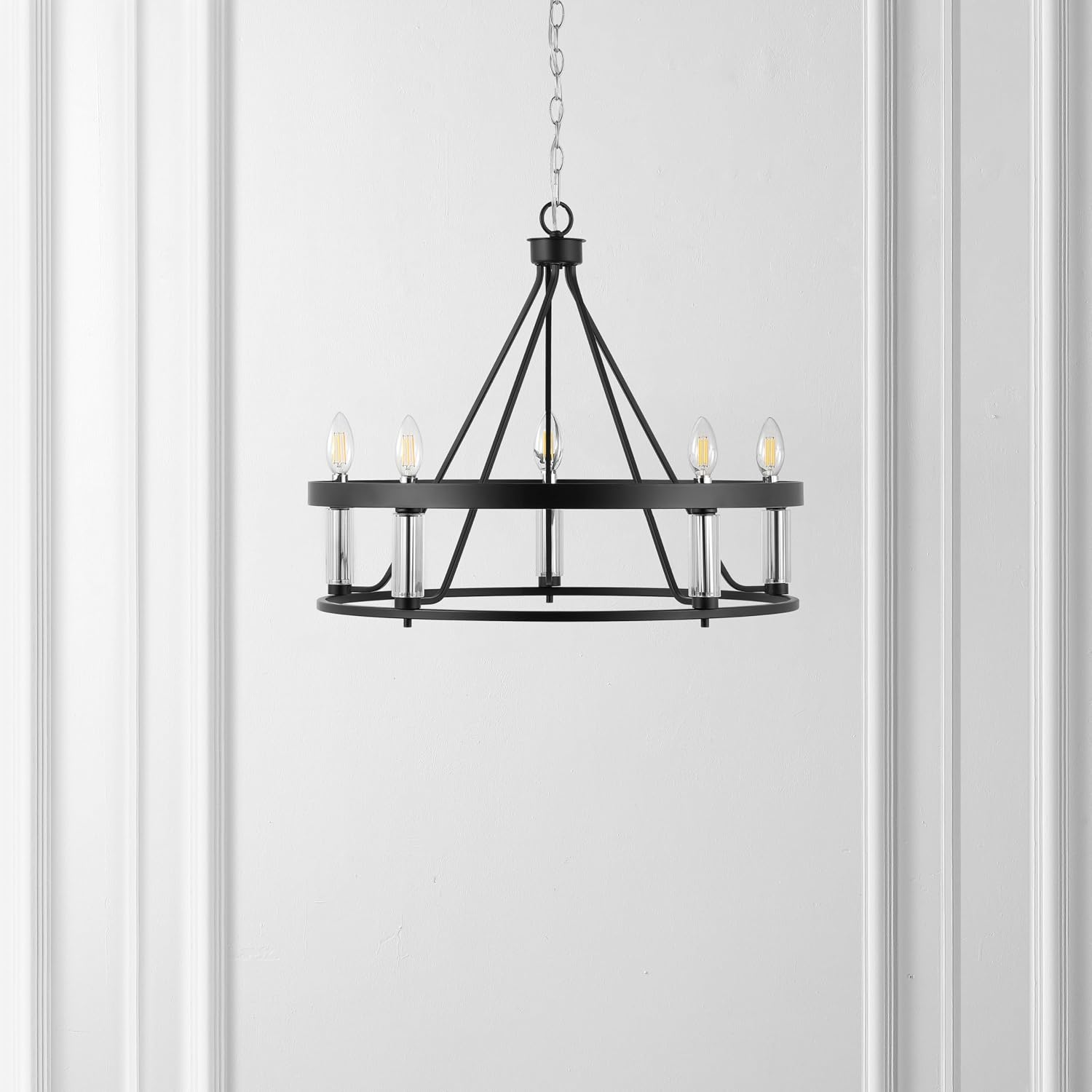 SAFAVIEH Lighting Collection Trenton Modern Farmhouse Black/Chrome 5-Light Adjustable Pendant Chandelier Wagon Wheel, Ideal for Dining Room, Kitchen Island, Foyer, Entryway (LED Bulbs Included)