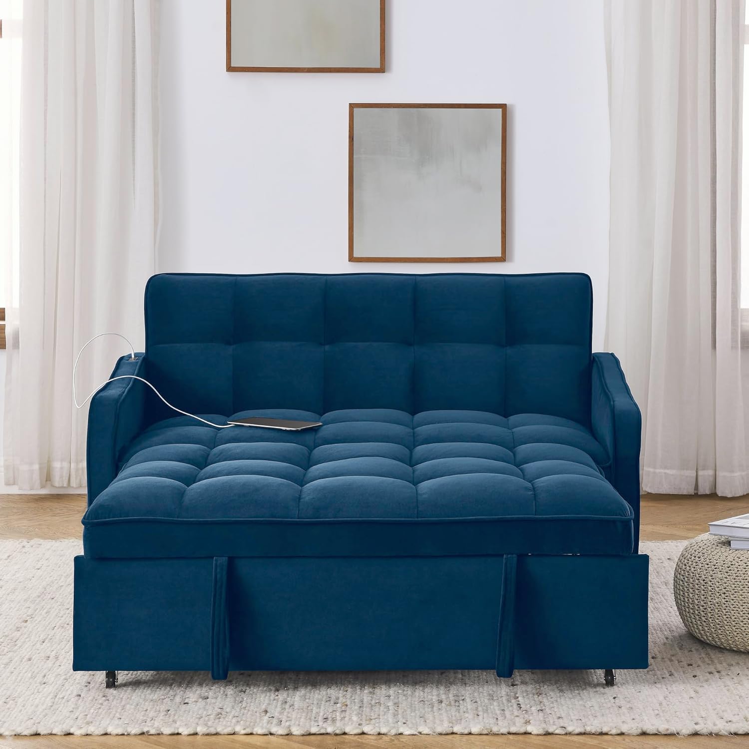 Sleeper Sofa with Pocket Velvet Pull Out Sofa Bed with USB Charging Convertible Sofa Adjustable Backrest Loveseat Sofa Couch for Living Room, Office,Small Space (Blue)