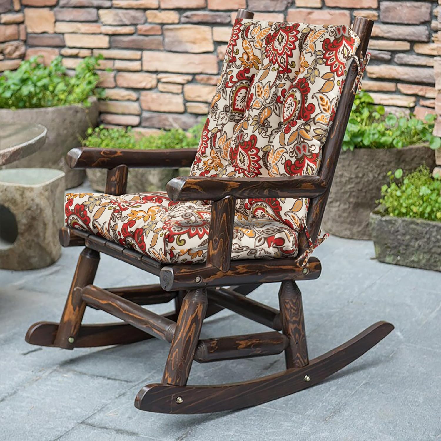 Magpie Fabrics Outdoor Rocking Chair Cushion Set, Tufted Pad for Rocking Chairs with Ties, Seat 17" x 17"/Back 21" x 17", Botanical Red