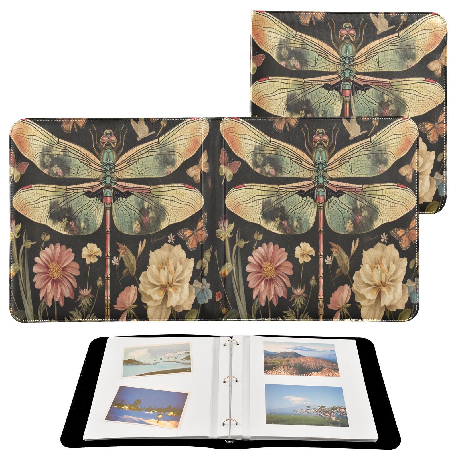 Kigai Dragonfly Flowers Photo Album Self Adhesive Scrapbook Album Leather Cover DIY Picture Scrap Book with 20 Adhesive Sheets, 11.8x24x0.8 inch
