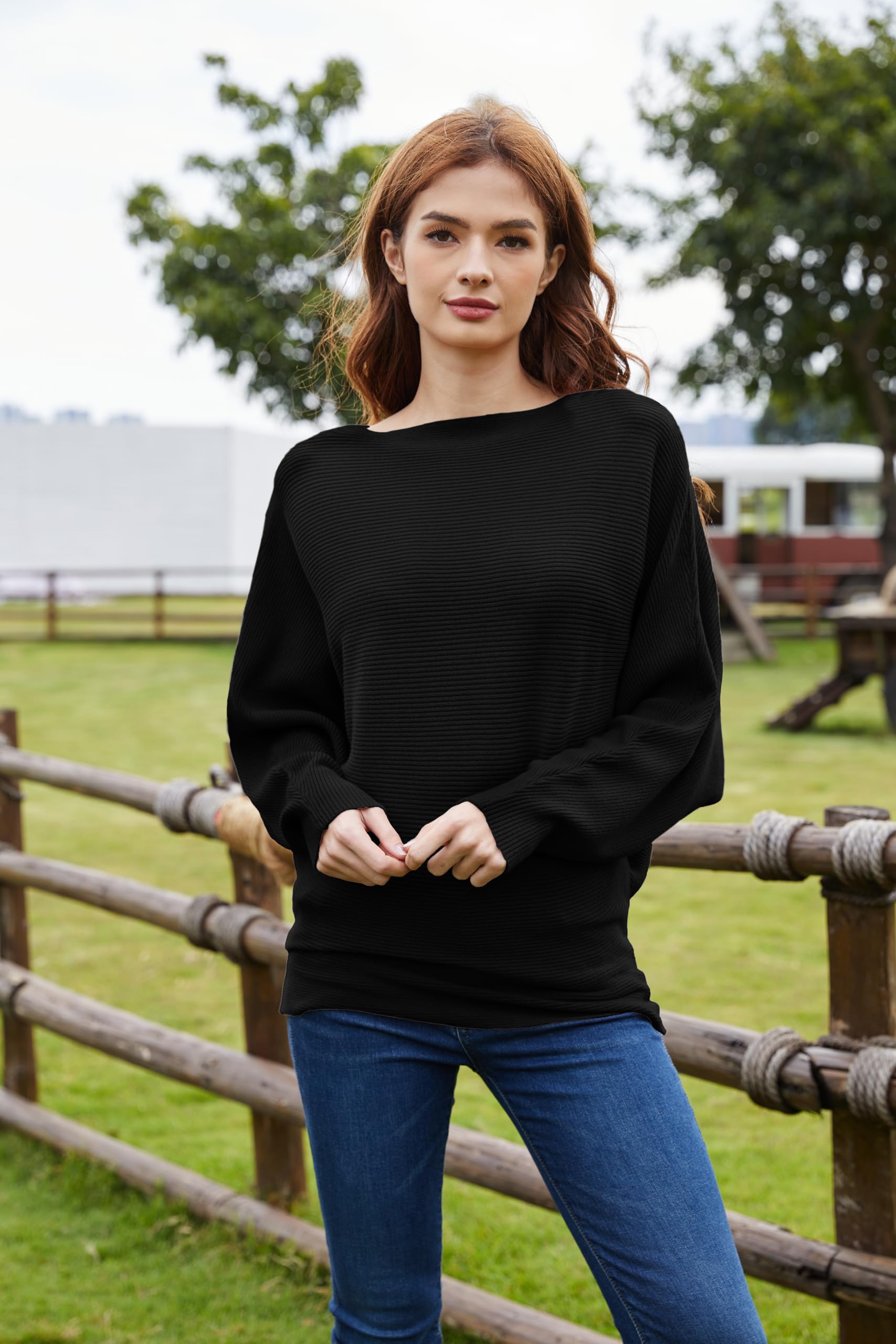 Cegerne Damen Pullover Fledermausärmel Elegant Oversize Pulli Langarm Sweatshirt Strickpullover Batwing Knitted Sweater Oberteil