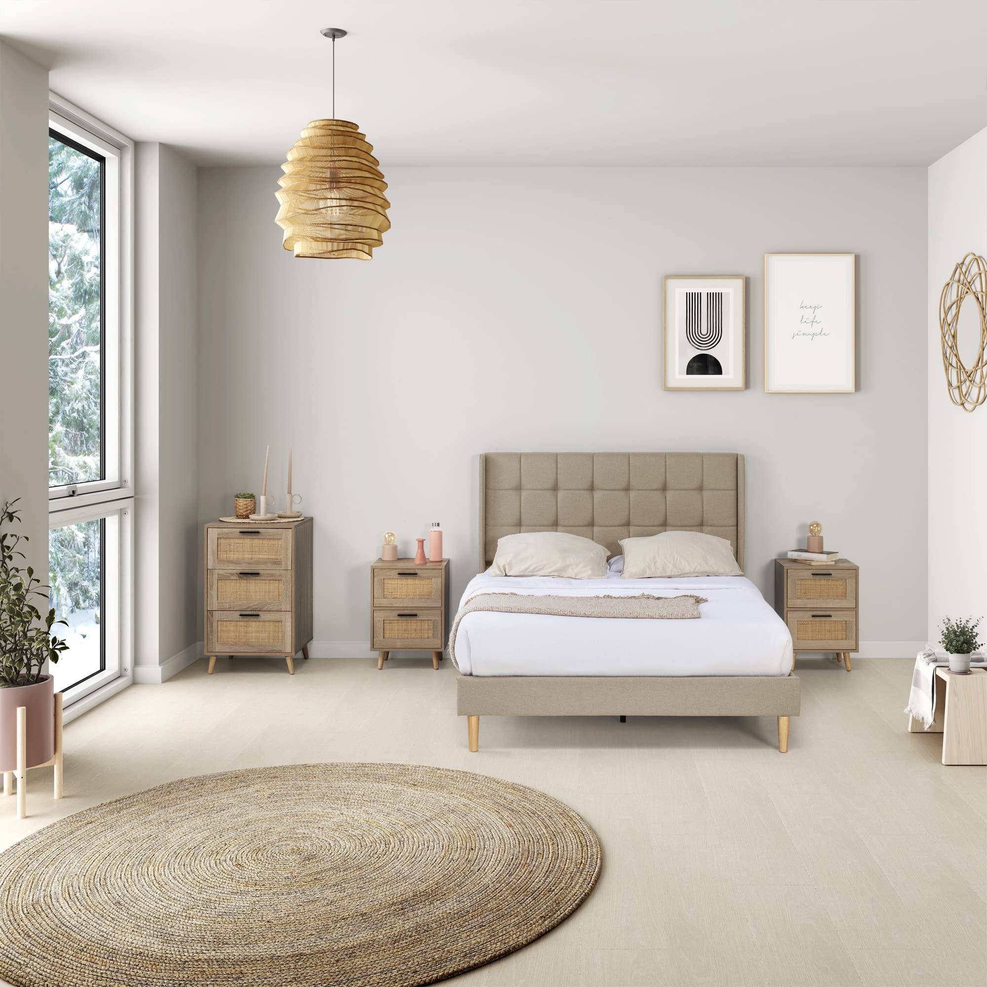 Cadre de lit plateforme Esther capitonné 30 cm, 150x190 cm, Beige