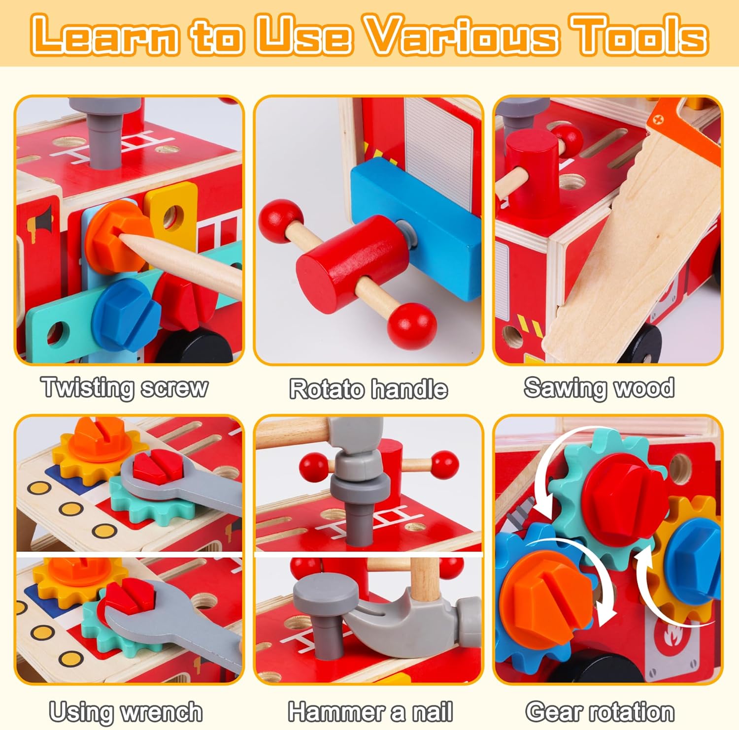 Toddler Tool Kit - 33 PCS Montessori Toddlers Tool Box, Kids Pretend Play Tools Set Age 2-4, STEM Educational Toys for Age 3, Wooden Construction Toy, Boys Birthday Gift 2,3,4,5 Year Old (Fire Engine)