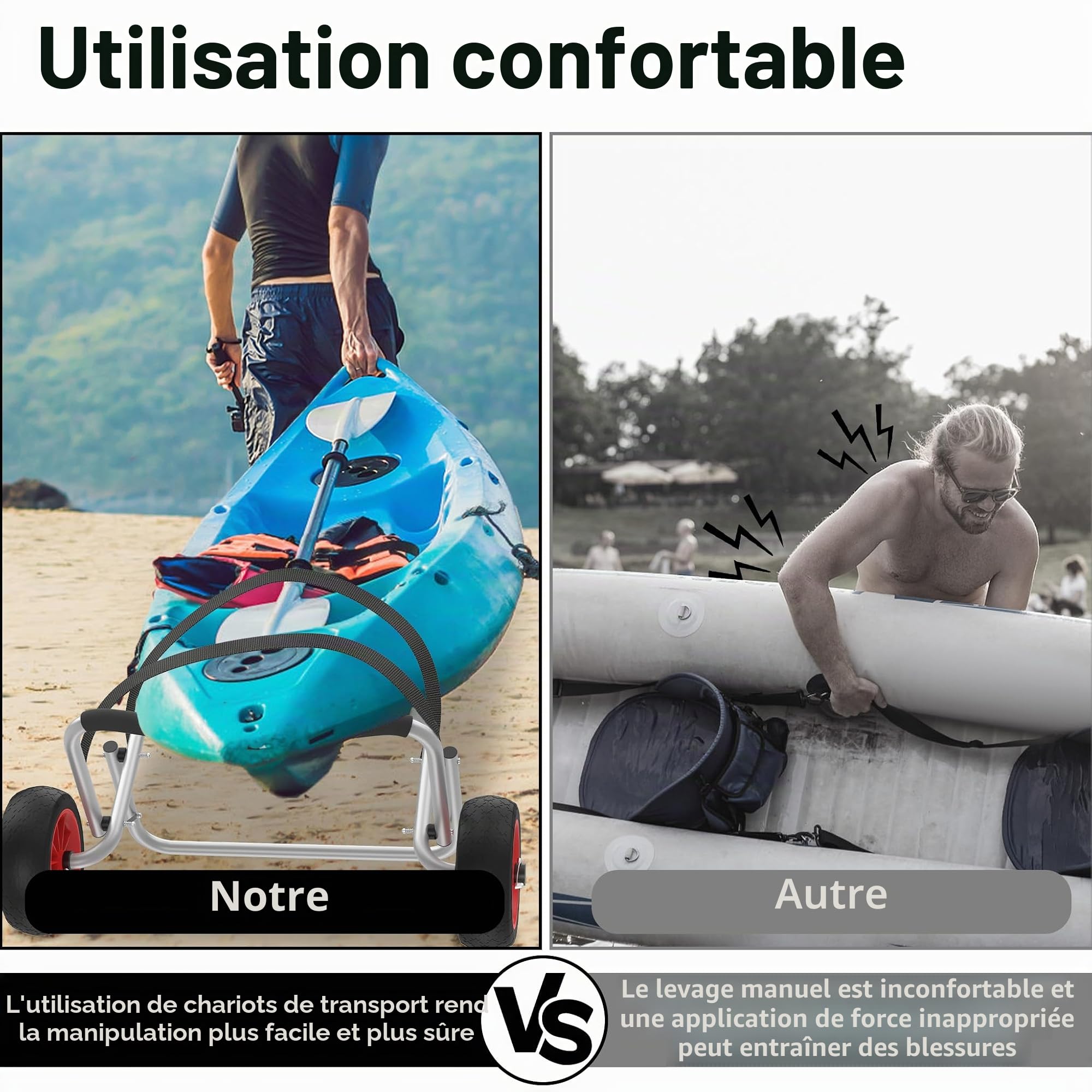 UISEBRT Chariot de transport pliable en aluminium avec sangles de 3 m pour canoë, kayak, bateau pneumatique, capacité de charge jusqu'à 100 kg
