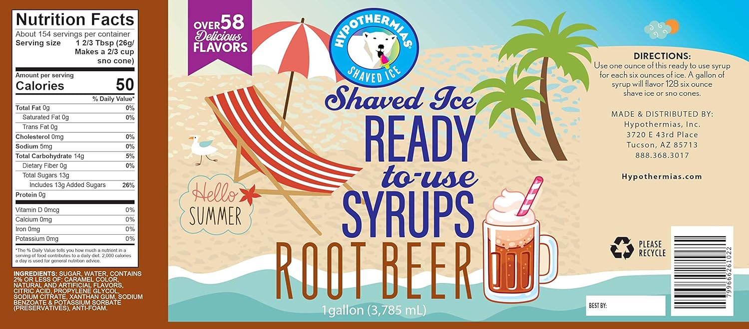 Hypothermias Root Beer Ready to Use Gallon (128 Fl. Oz) Hawaiian Snow Cone Flavors Syrup - Shaved Ice, 100% Pure Cane Sugar