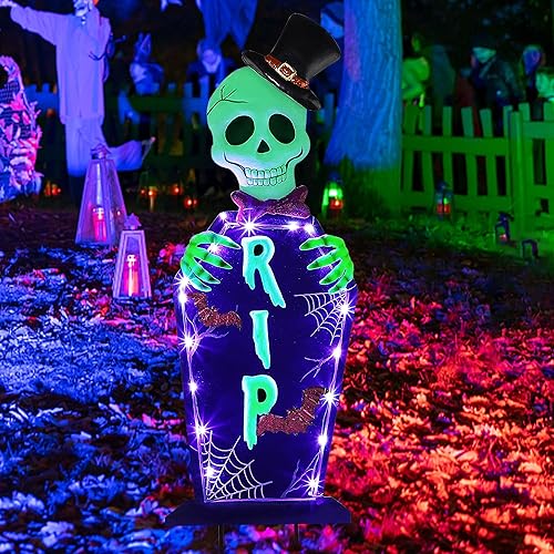 Miniatura 6 de Joliyoou Estaca de Halloween para patio, 26.4 pulgadas con luz solar de metal con fantasmas que brillan en la oscuridad, 18 luces LED moradas,